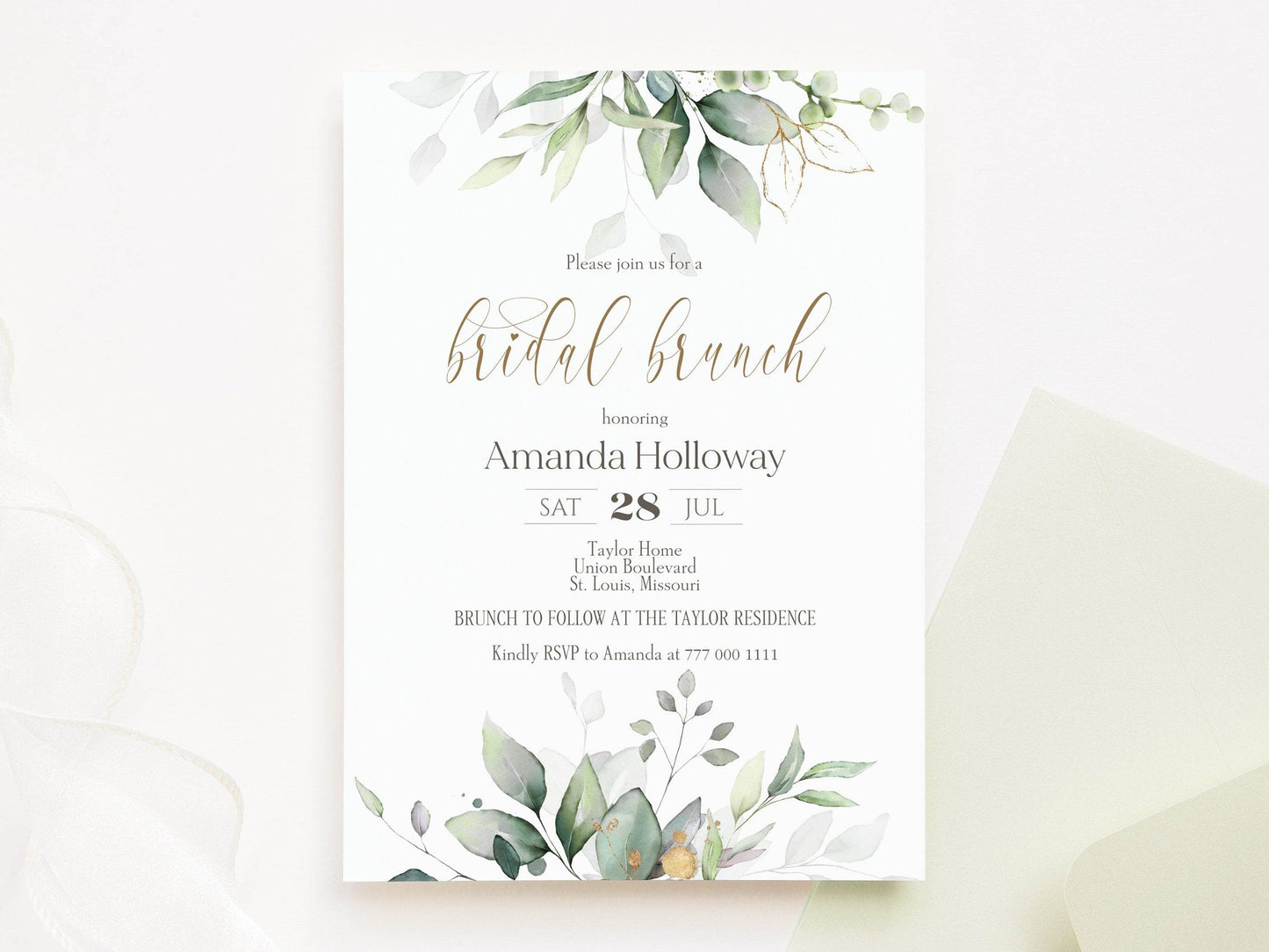 Greenery Bridal Brunch Invitation Template, Editable, Printable Bridal Brunch Invite Card, Watercolor Eucalyptus Greenery, Gold Foil Leaves