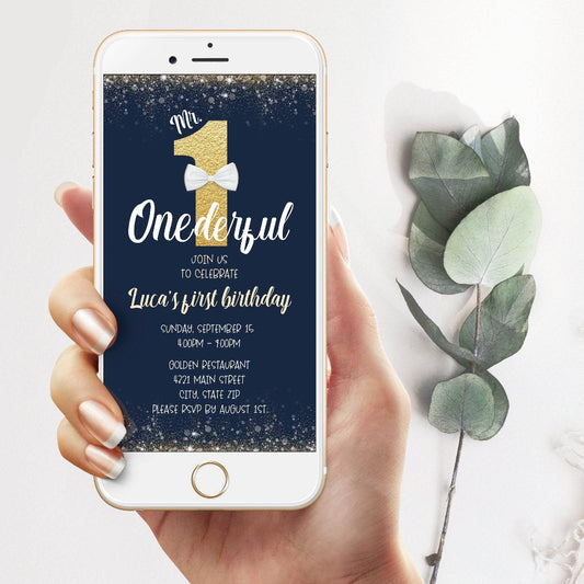 Mr. ONEderful First Birthday Invitation | Editable Navy Blue Mobile Evite | Digital ONEderful 1st Birthday SMS Invite | Instant Download Template