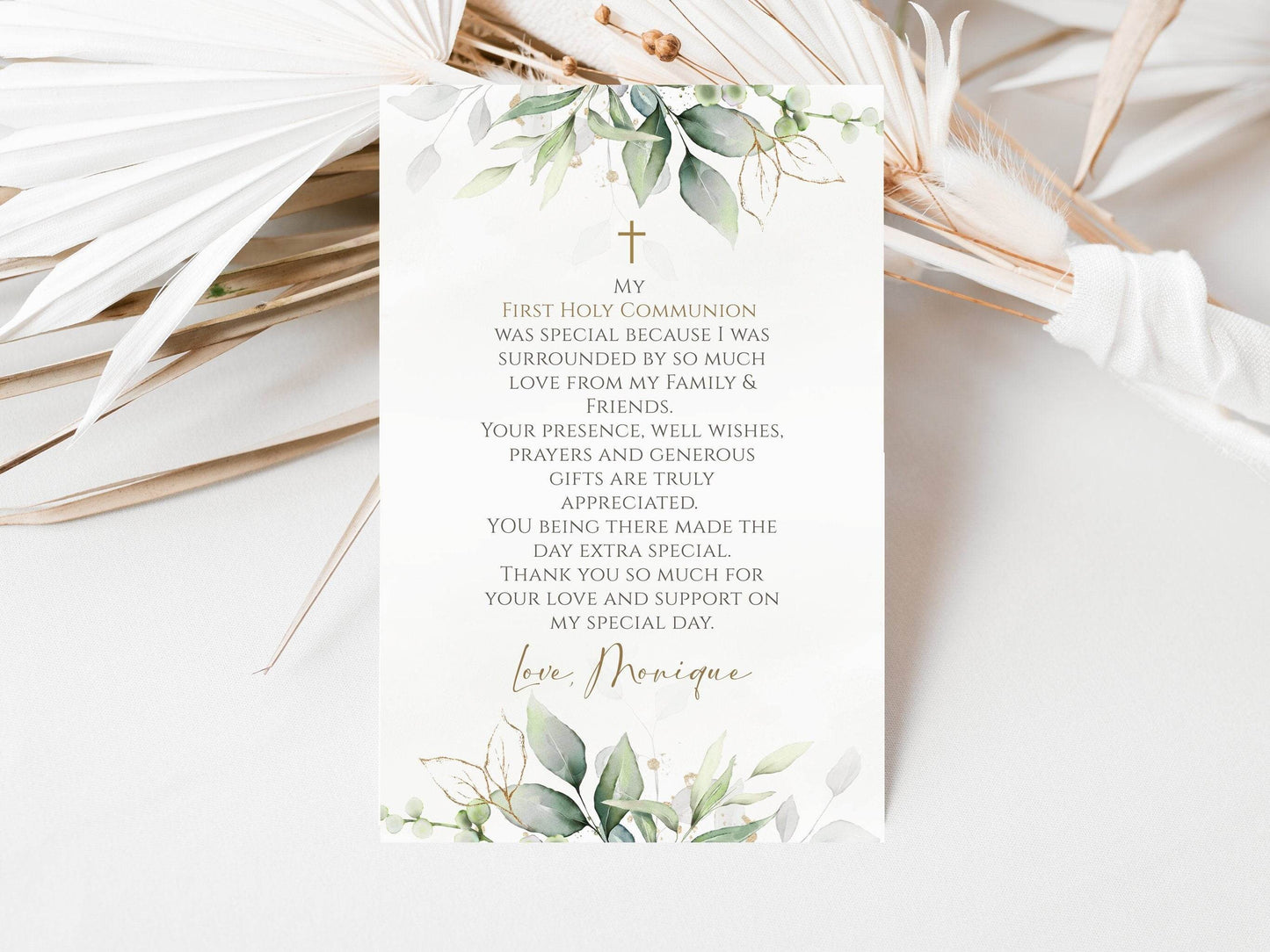 Printable First Holy Communion Thank You Card Template, 4x6 Editable Greenery Watercolor Thank You Note, Email Text Message, Instant Download