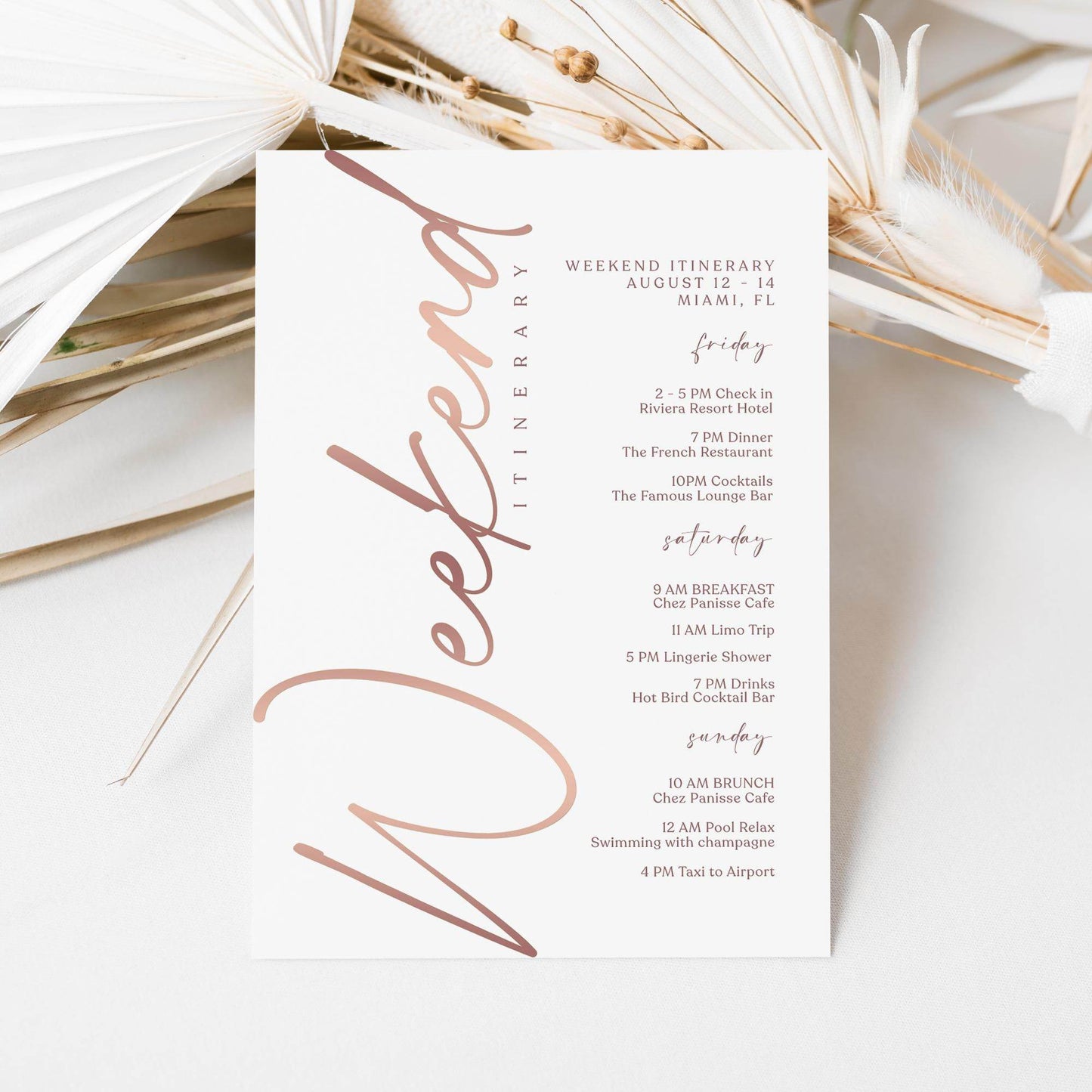Editable Rose Gold Weekend Itinerary Template – Printable Birthday, Anniversary, or Hen Party Schedule | Digital Download | Email or Text Message Friendly