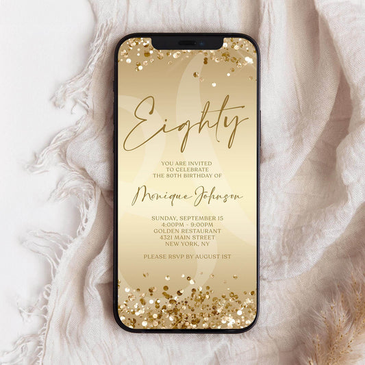 Gold 80th Birthday Invitation Template, Editable Digital Eighty Invite, Confetti Phone Evite, Text Message Birthday Card