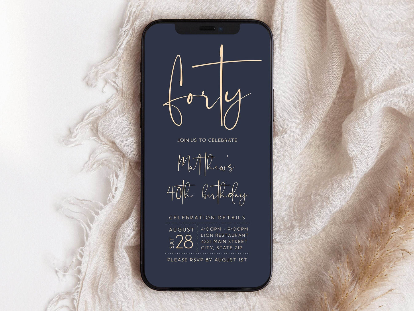Navy Gold 40th Birthday Invitation Template, Digital Mens Evite, Editable Phone Text Message Invite, Forty Birthday Email Card