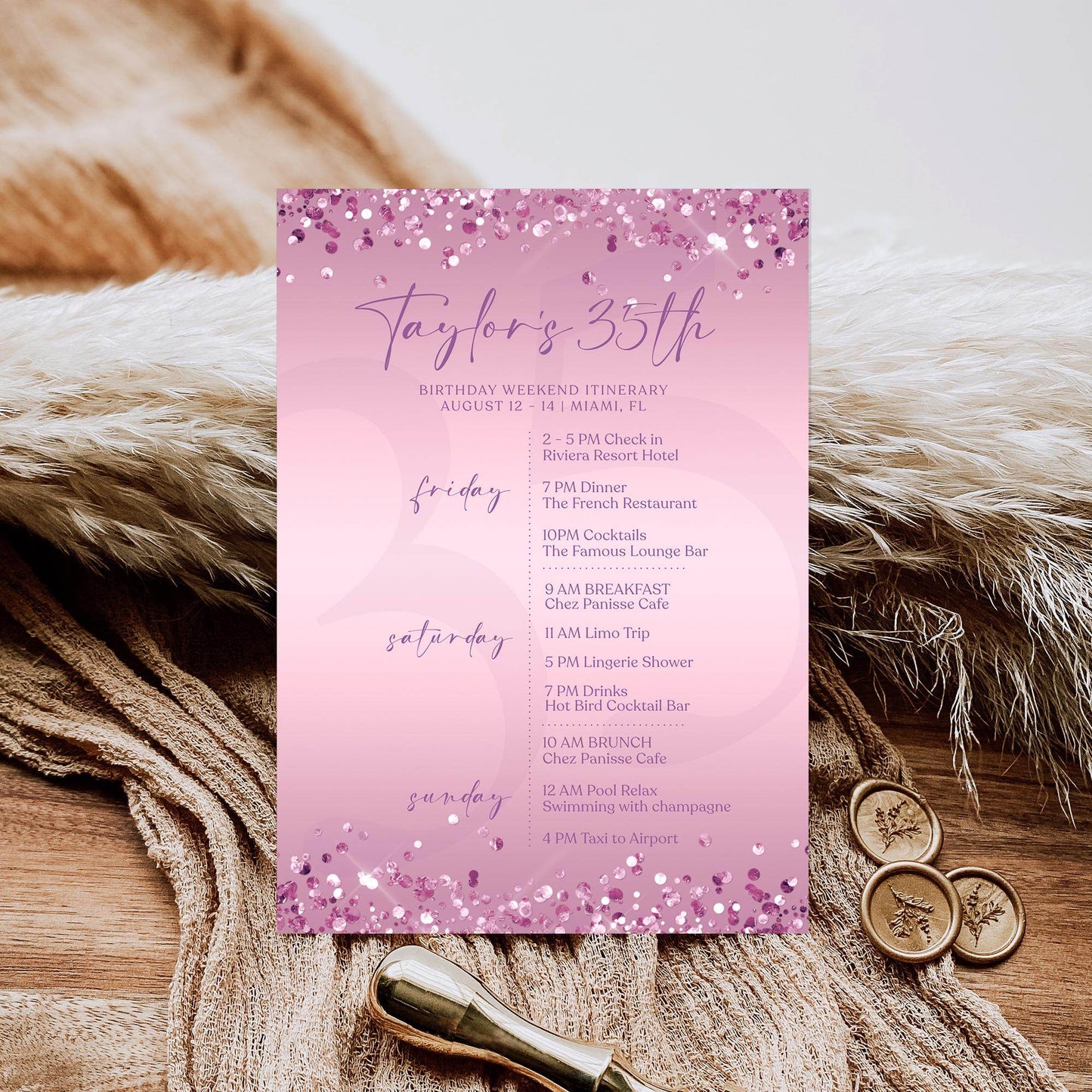 Editable Purple Any Age Woman Birthday Itinerary Template, Printable Lavender Woman Itinerary, Ladies Weekend Itinerary, Email Text Message