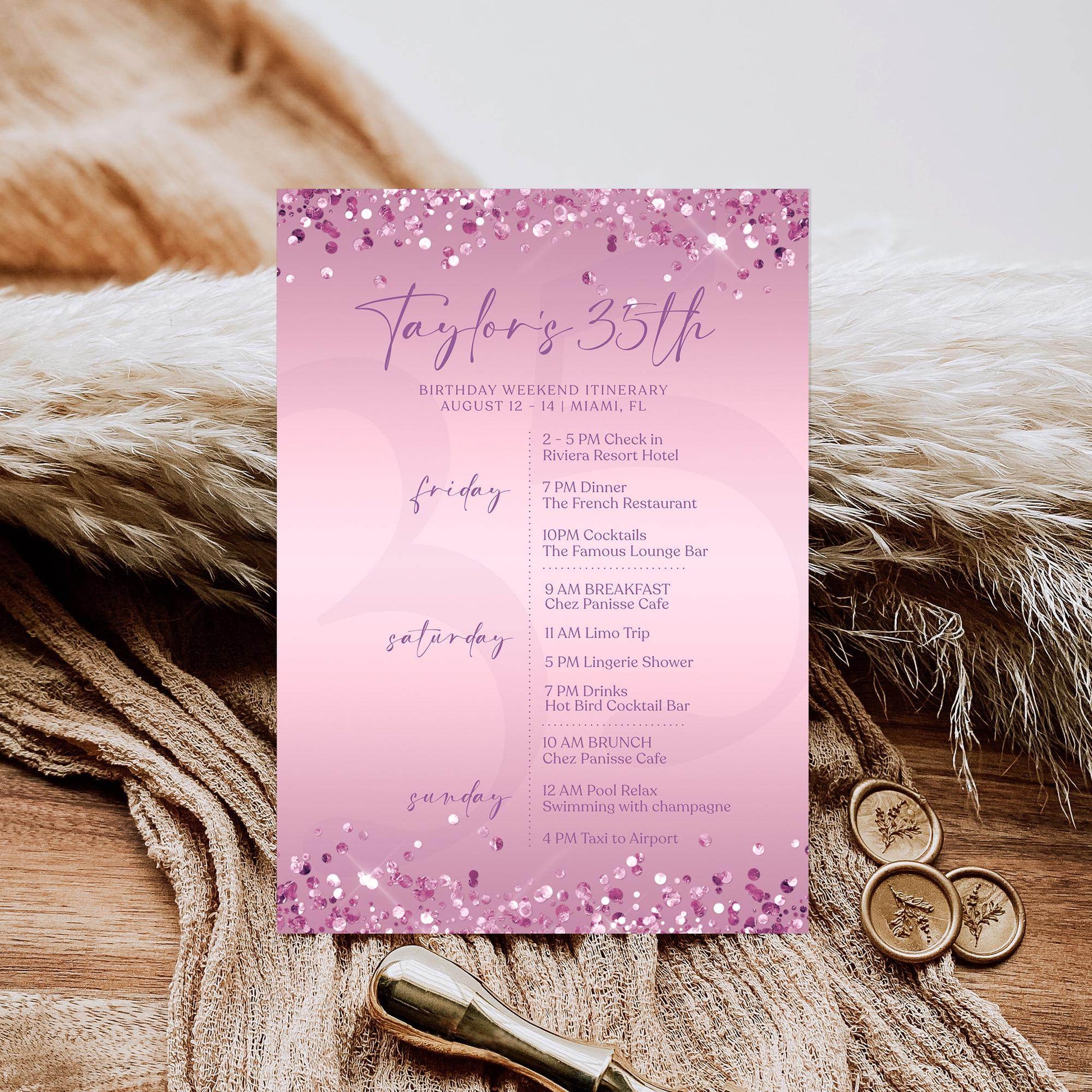 Editable Purple Any Age Woman Birthday Itinerary Template, Printable Lavender Woman Itinerary, Ladies Weekend Itinerary, Email Text Message