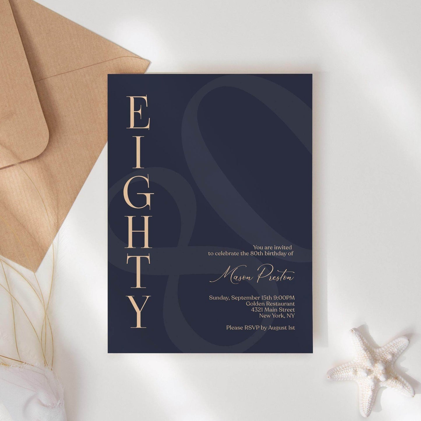 Navy 80th Eighty Birthday Invitation Template, Printable Minimalist Birthday Invite, 80th Modern Elegant Men Birthday Card, Editable Invite