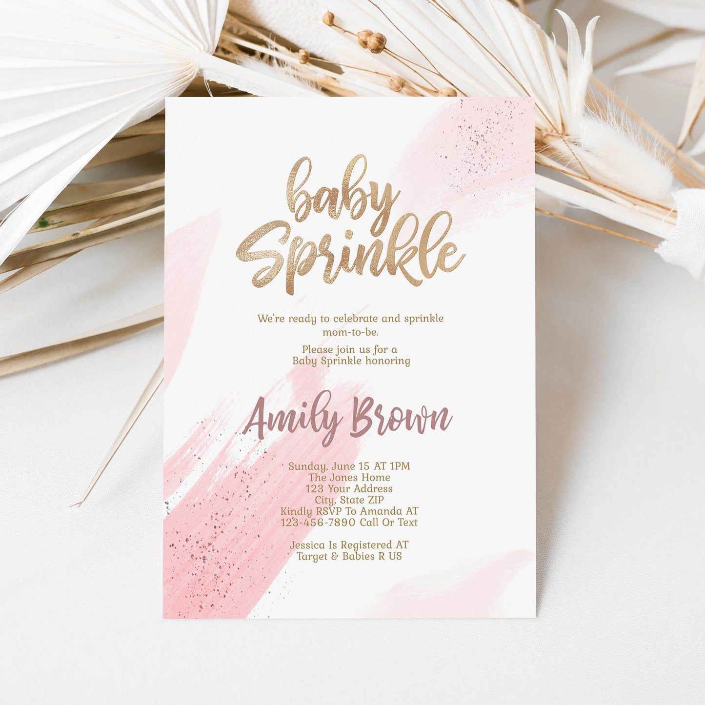Girl Baby Sprinkle Invitation Template Printable, Gold Pink Baby Sprinkle Invite, Editable Girl Baby Shower Card, Email Text Message