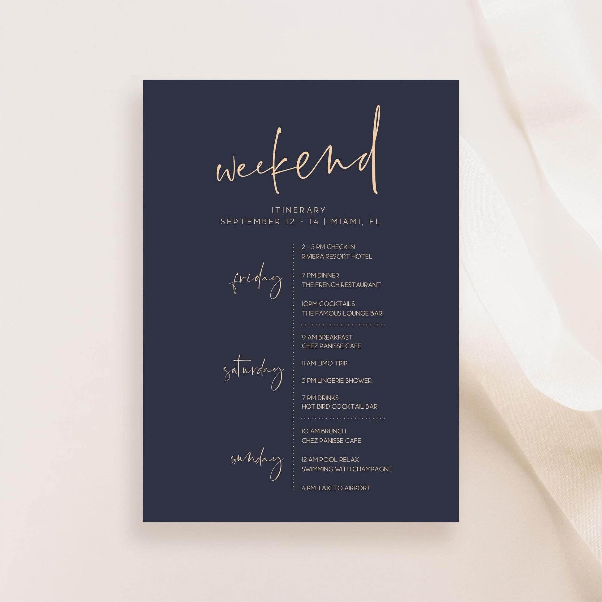 Navy Gold Weekend Itinerary Template, Editable Bachelorette Hens Party Schedule, Elegant Printable Birthday Weekend, Instant Download