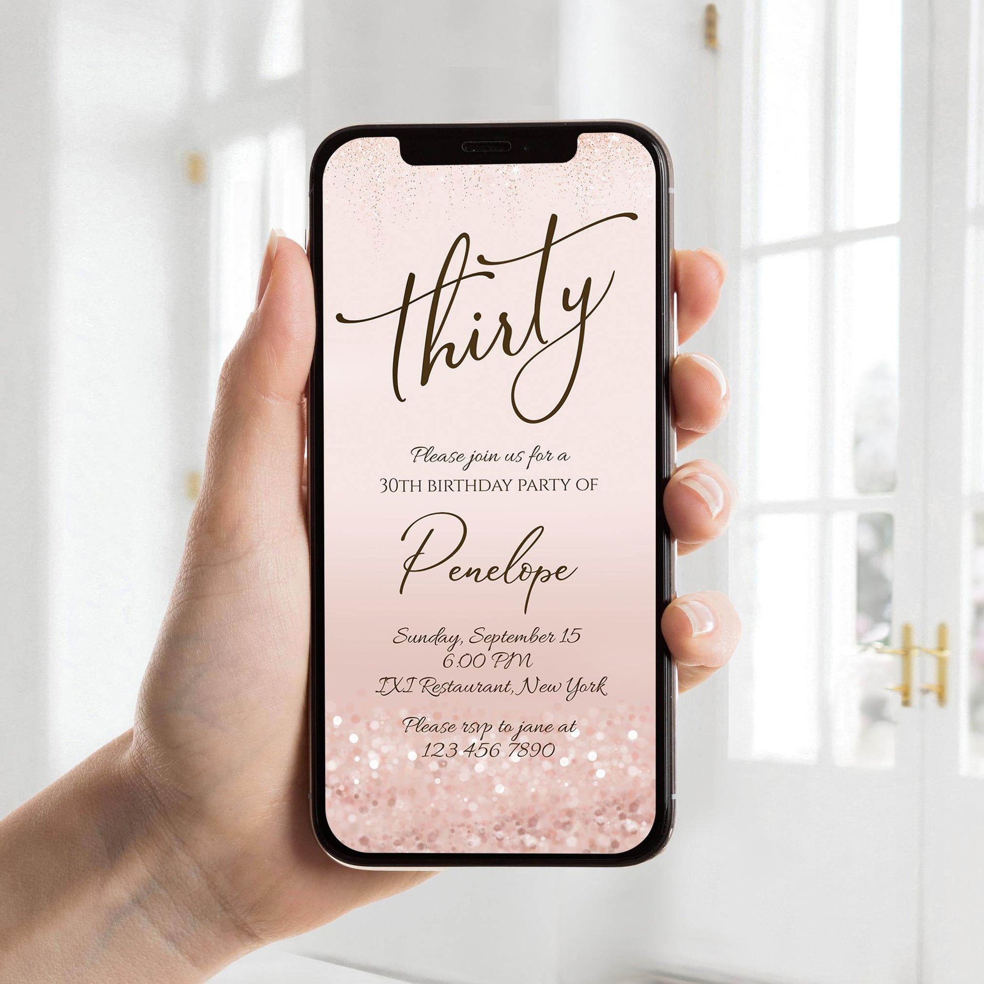 30th Birthday Invitation Template | Rose Gold Digital Invite | Editable Pink Text Message Evite | Electronic Thirty Birthday Phone Card | Instant Download