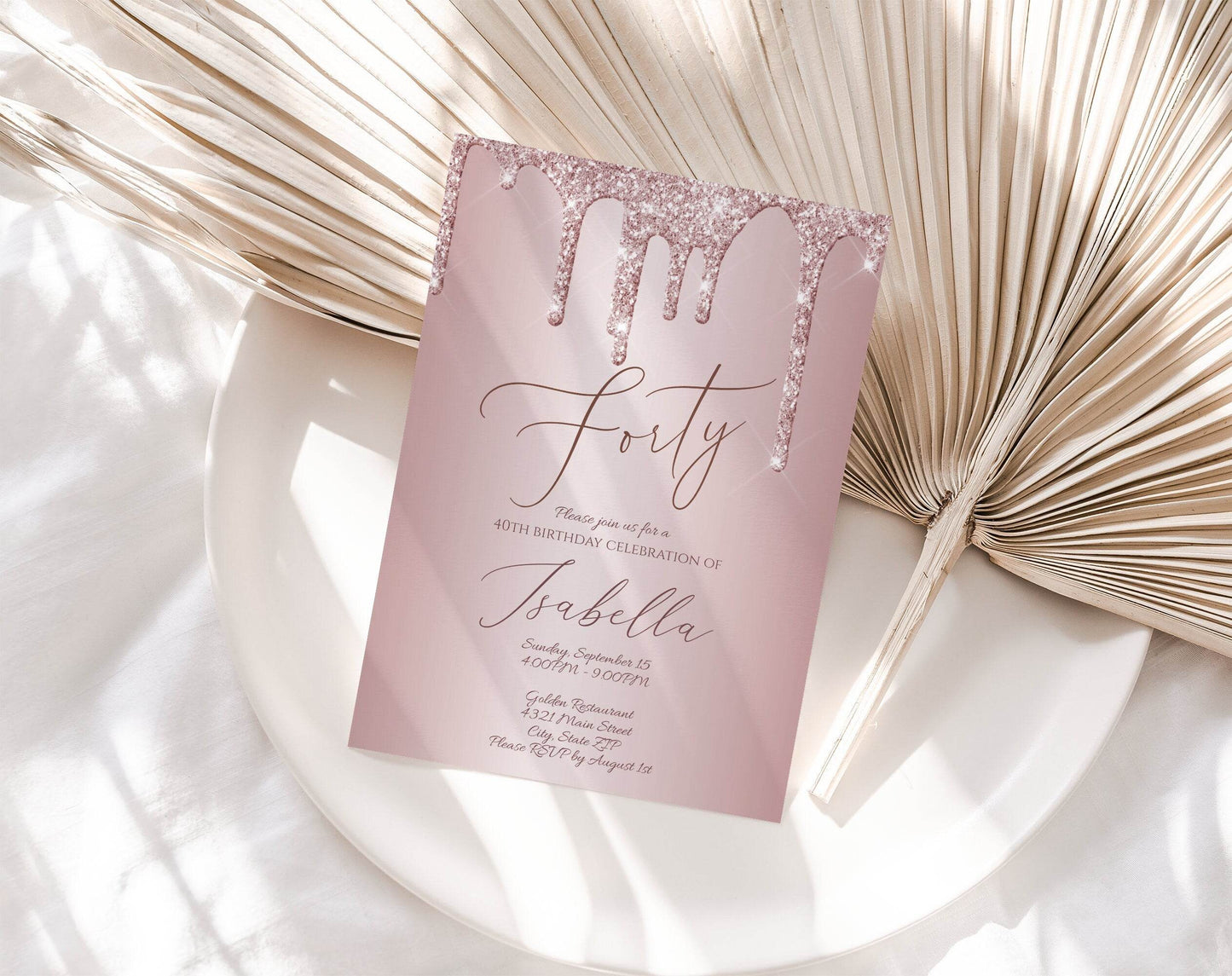 Printable Rose Gold 40th Birthday Invitation Template, Editable Glitter Modern Digital Invite, Email Text Message, Instant Download