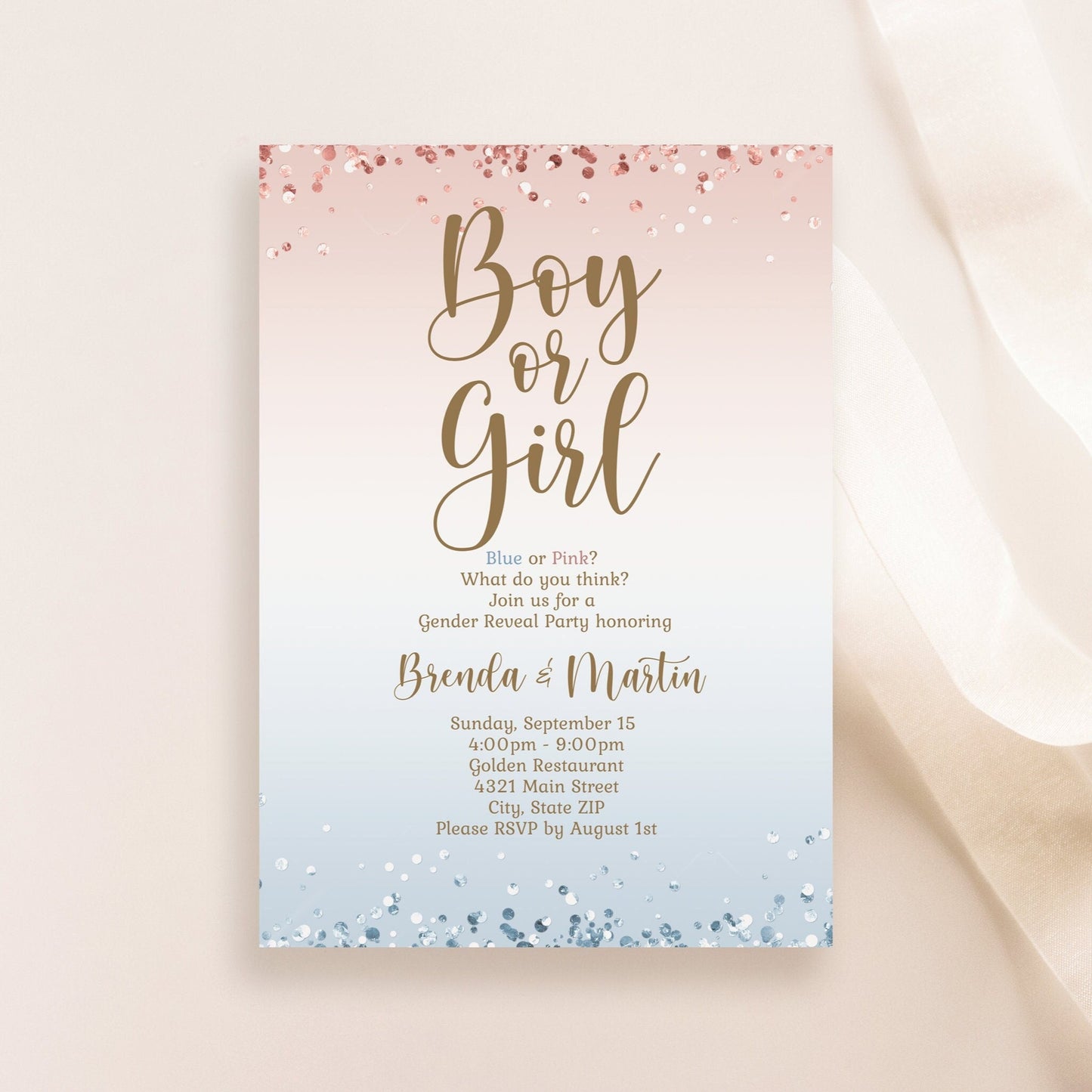 Printable Boy or Girl Invitation Template, Pink or Blue Gender Reveal Baby Shower Invite, He or She Editable Invitation, Digital Template