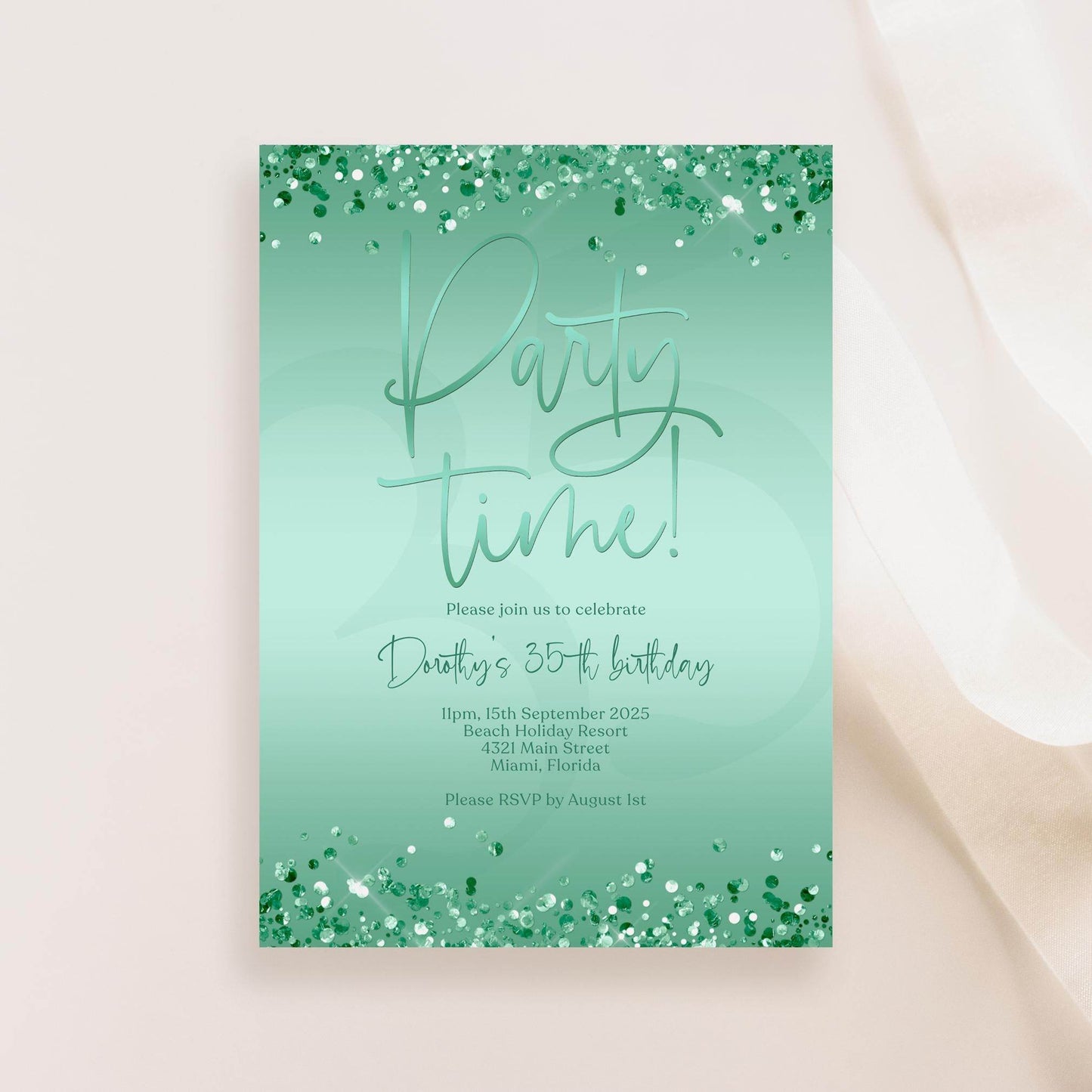 Editable Green Mint Party Invitation Template, Printable Confetti Party Time Invite, Any Age Birthday Email Text Message, Digital Download