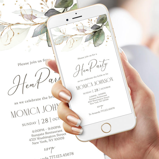 Digital Hen Party Invitation Template, Electronic Hen Party Invite, Phone Invitation, Editable Invite, Greenery Leaves, Text Message Evite