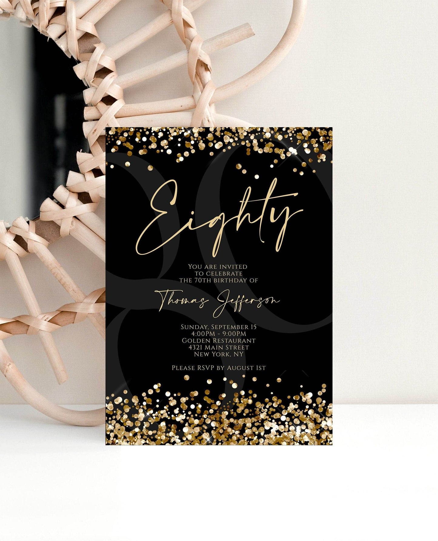 80th Birthday Invitation Template | Black & Gold Printable Invite | Editable Gold Confetti Party Card | Luxury Men’s Birthday Evite | Instant Download