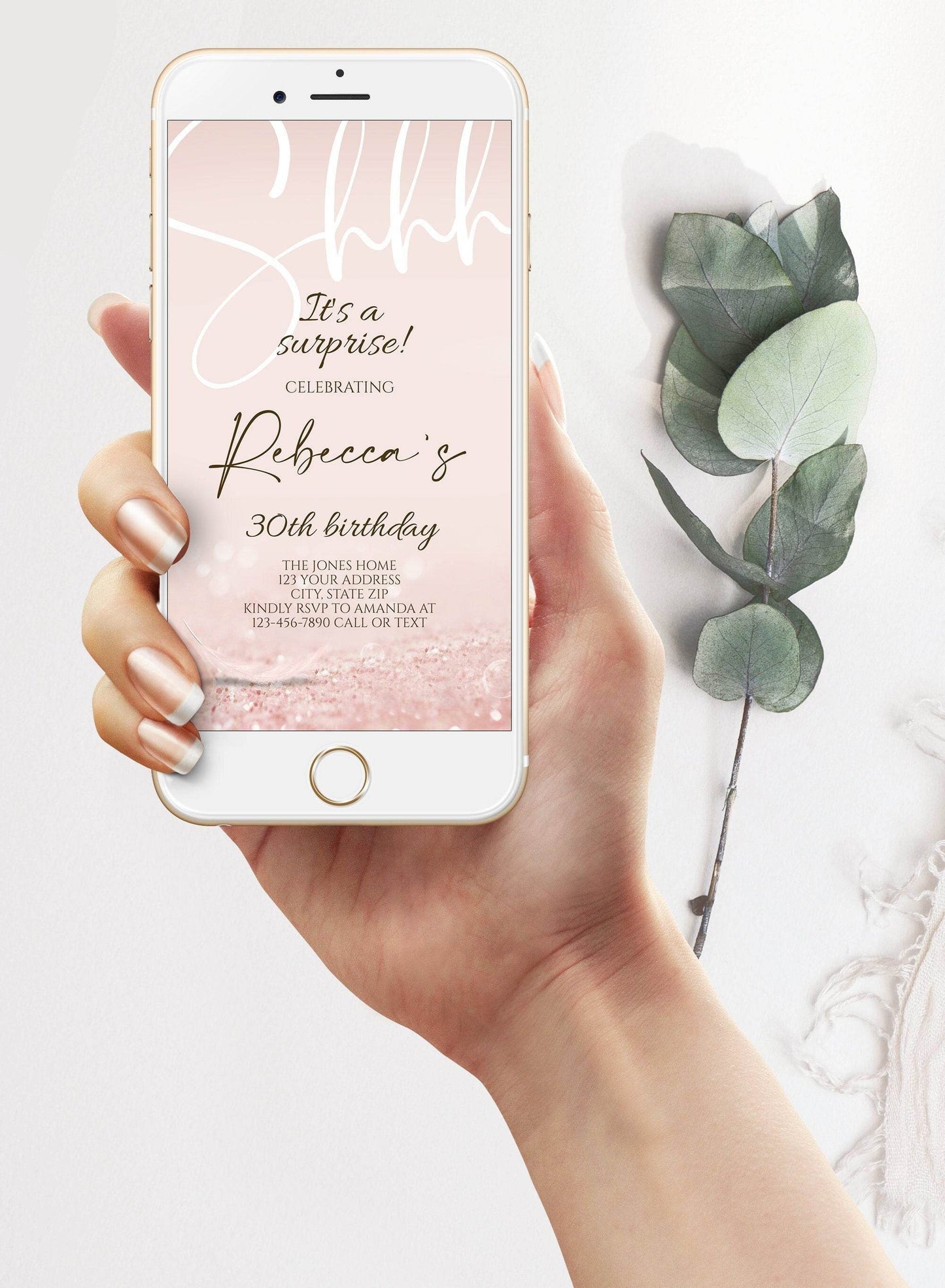 Modern Shhh it's a surprise Electronic 30th birthday text invitation template, Any Age editable birthday invite, Digital invite, Phone Evite