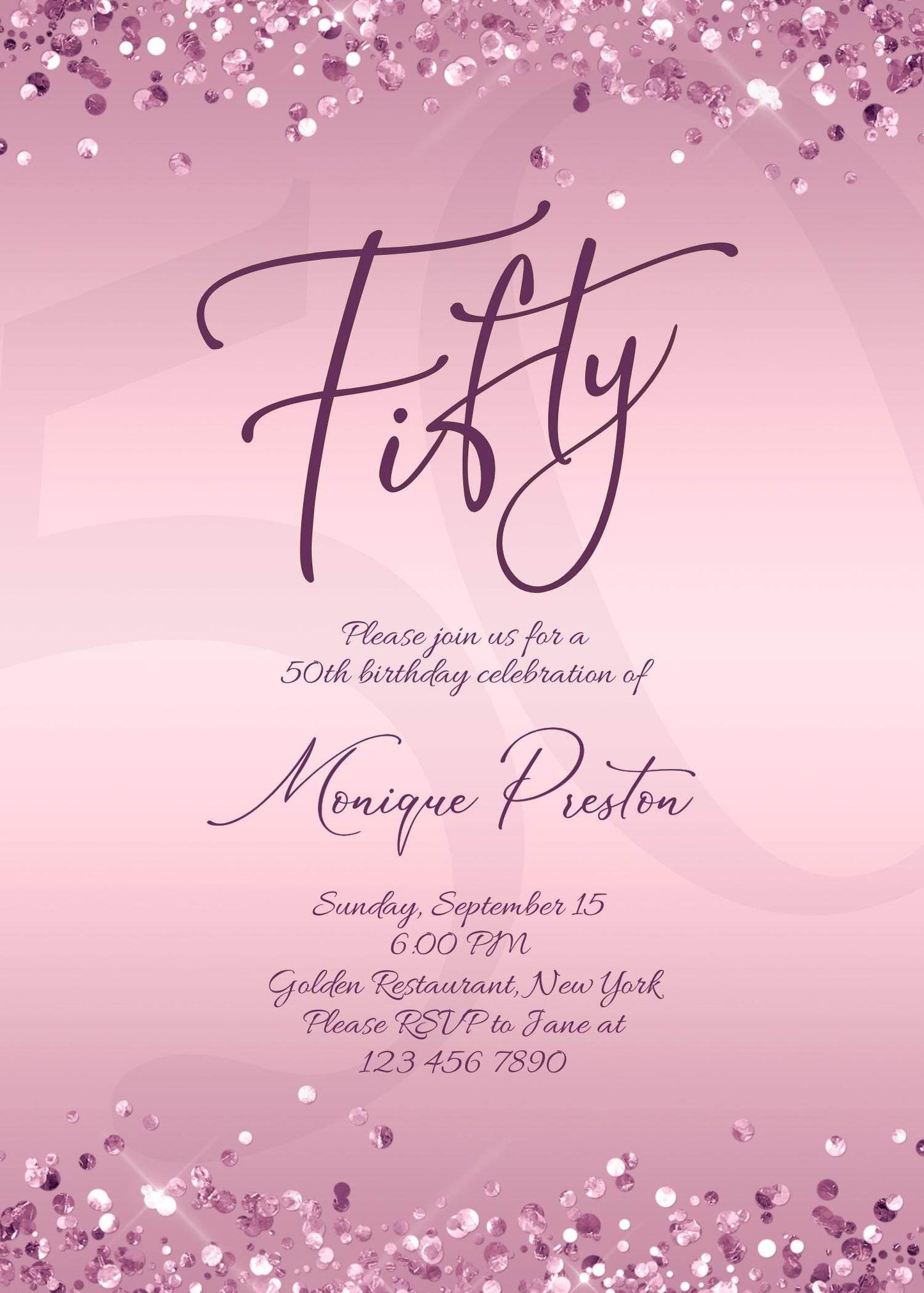 Editable 50th Birthday Invitation Template, Printable Purple Gold Party Invite, Pink Email Text Message Evite, Luxury Birthday Card, Instant Download
