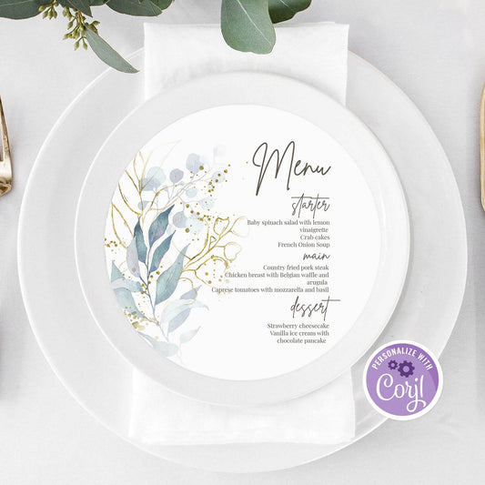 Greenery Floral Round Wedding Menu Template – Editable Gold Calligraphy Dinner Menu | Circle Printable Menu Card | Instant Download