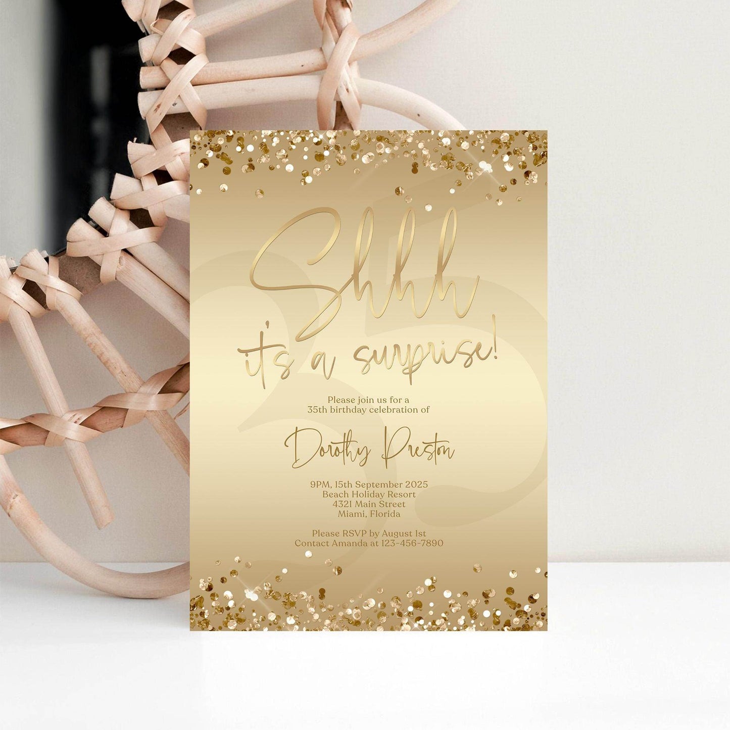 Surprise Party Invitation Template | Editable Gold Foil Birthday Invite | Shhh It’s a Surprise Card | Any Age Printable Evite | Text or Email