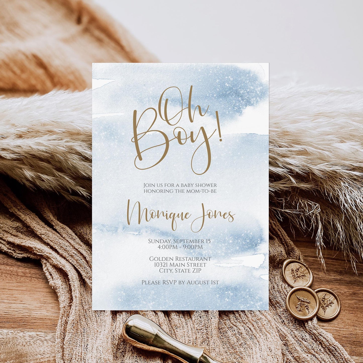 Printable Oh Boy Baby Shower Invitation Template, Boy Baby Shower Invites Blue Watercolor, Editable Invitation, Modern Baby Shower Invite