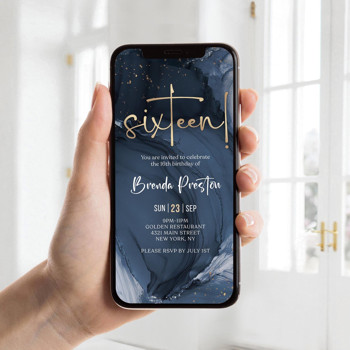 16th Birthday Invitation Template - Digital Download | Blue Navy Gold | Instant Access