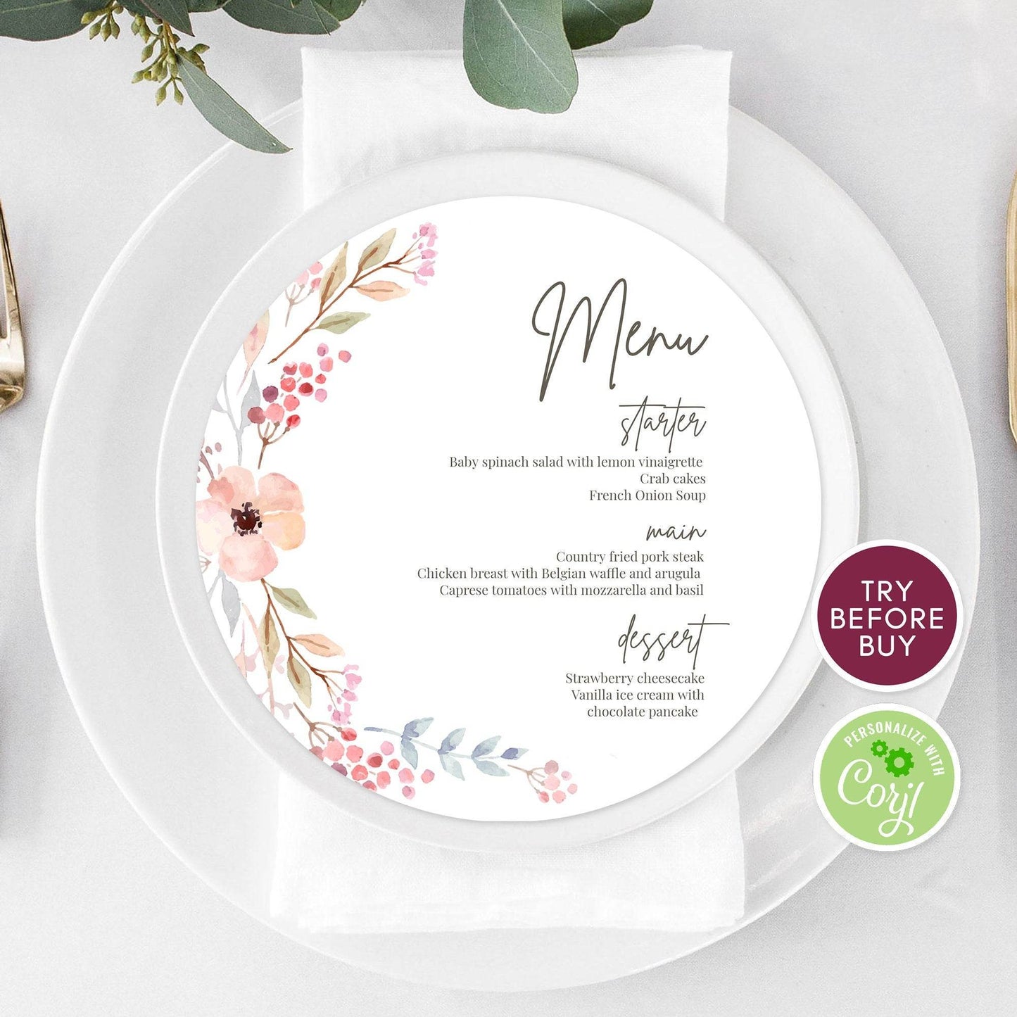Floral Round Wedding Menu Template, Editable Circle Menu, Printable Calligraphy Dinner Menu, DIY Instant Download Wedding Menu
