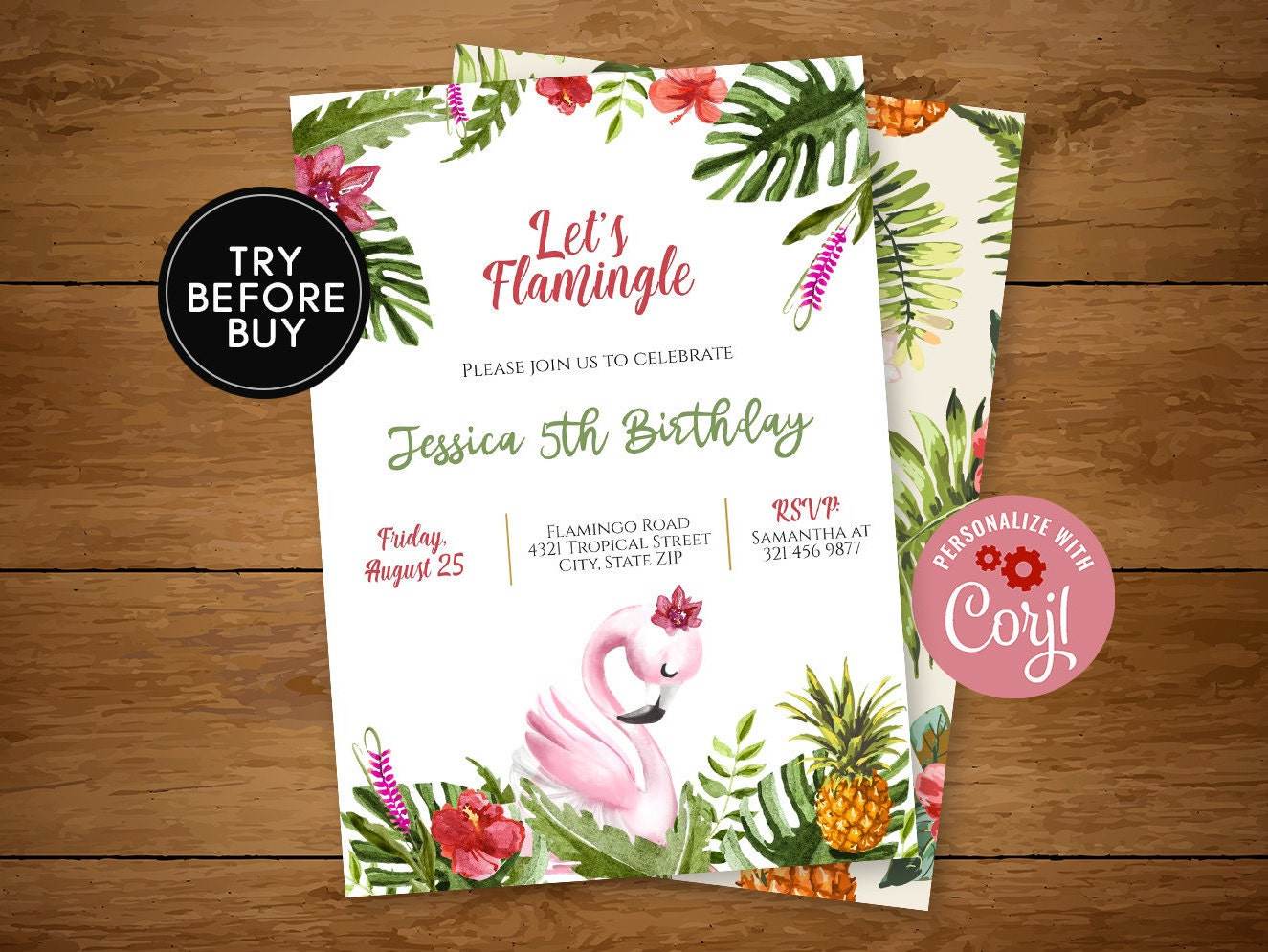 Flamingo Birthday Invitation, Tropical Summer Party Invitation Template, Hawaiian Flamingo Pool Party, Instant Download Printable Invitation