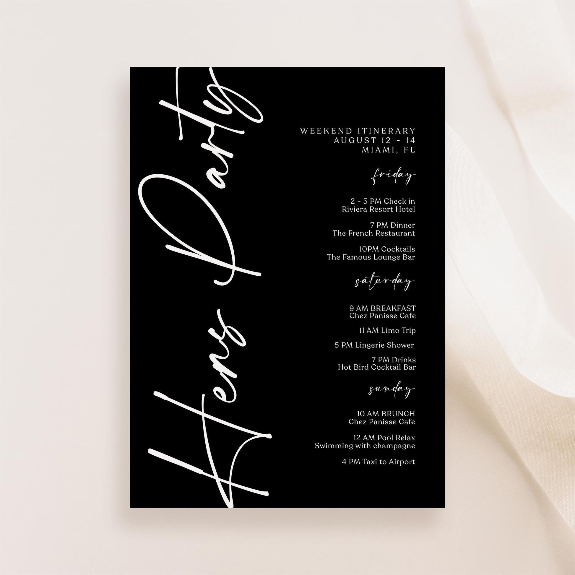 Printable Black Hens Party Weekend Itinerary Template – Editable Minimalist Bachelorette Weekend Schedule – Hen Party Events Itinerary – Instant Download