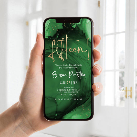 15th Birthday Invitation Template | Green Emerald Gold | Editable Text Message Evite