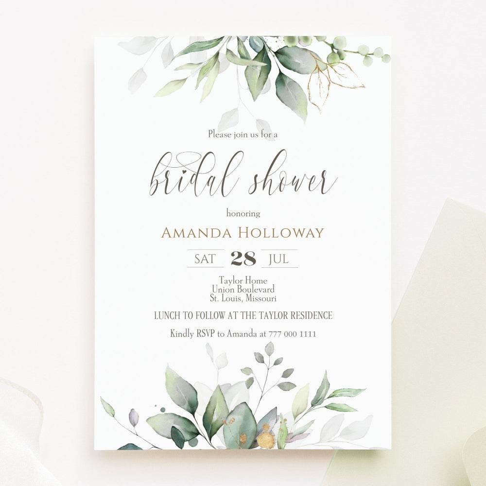 Greenery Bridal Shower Invitation – Editable Template – Watercolor Eucalyptus & Gold Foil – Printable Bridal Shower Invite – Instant Download