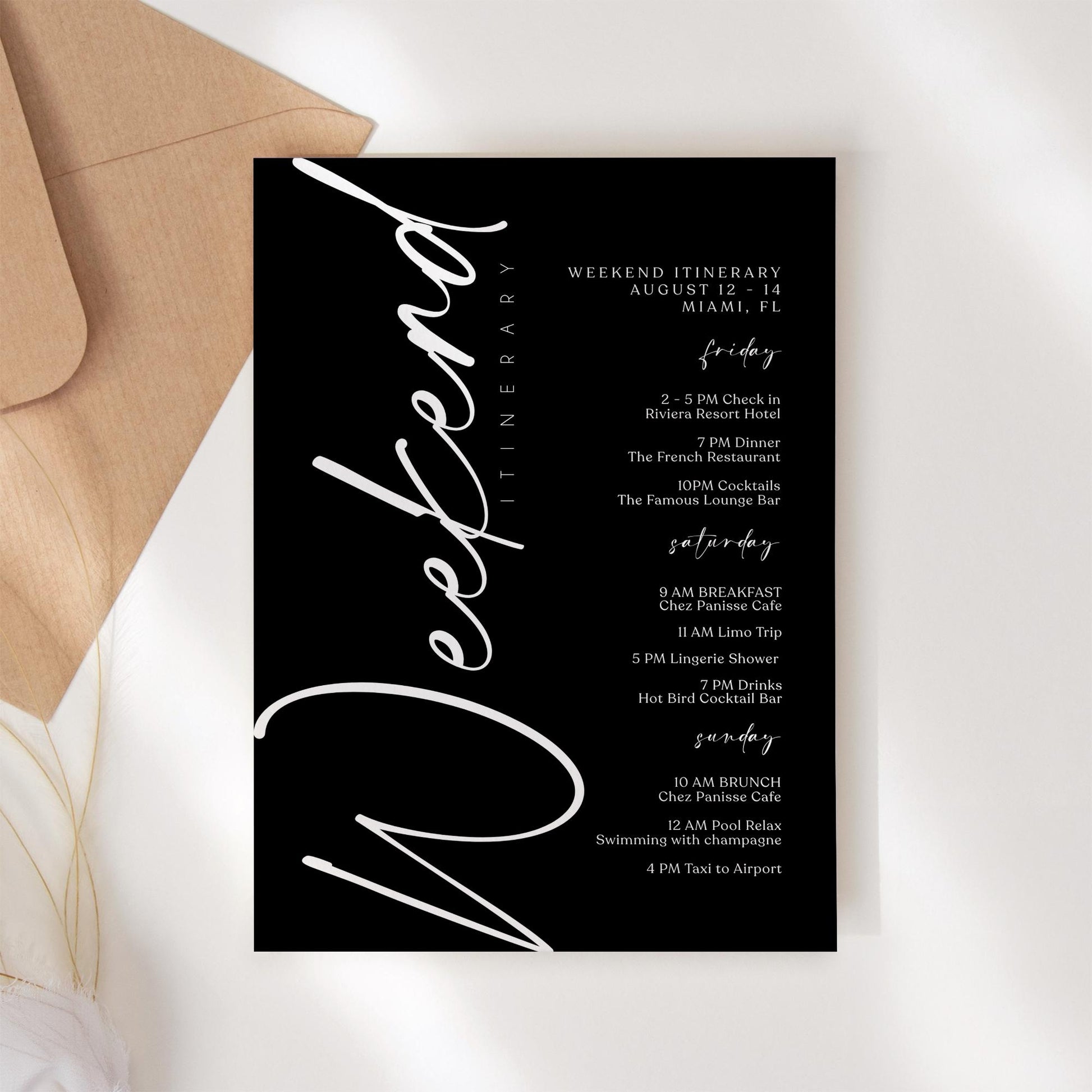 Editable Black Weekend Itinerary Template | MagicalEventCo