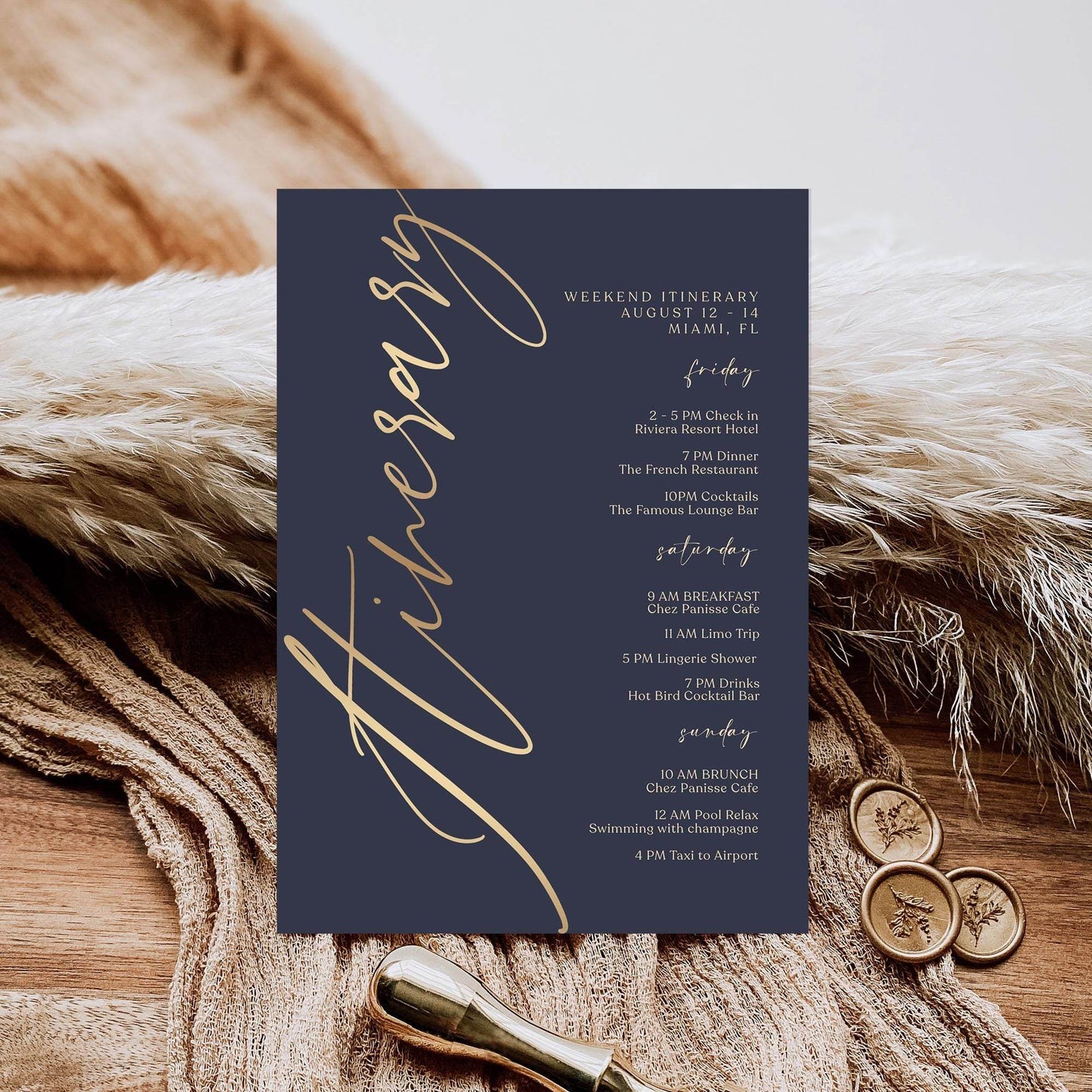 Navy Gold Weekend Itinerary Template, Editable Printable Birthday or Anniversary Weekend Schedule, Digital Events Itinerary, Instant Download, Email Text Message