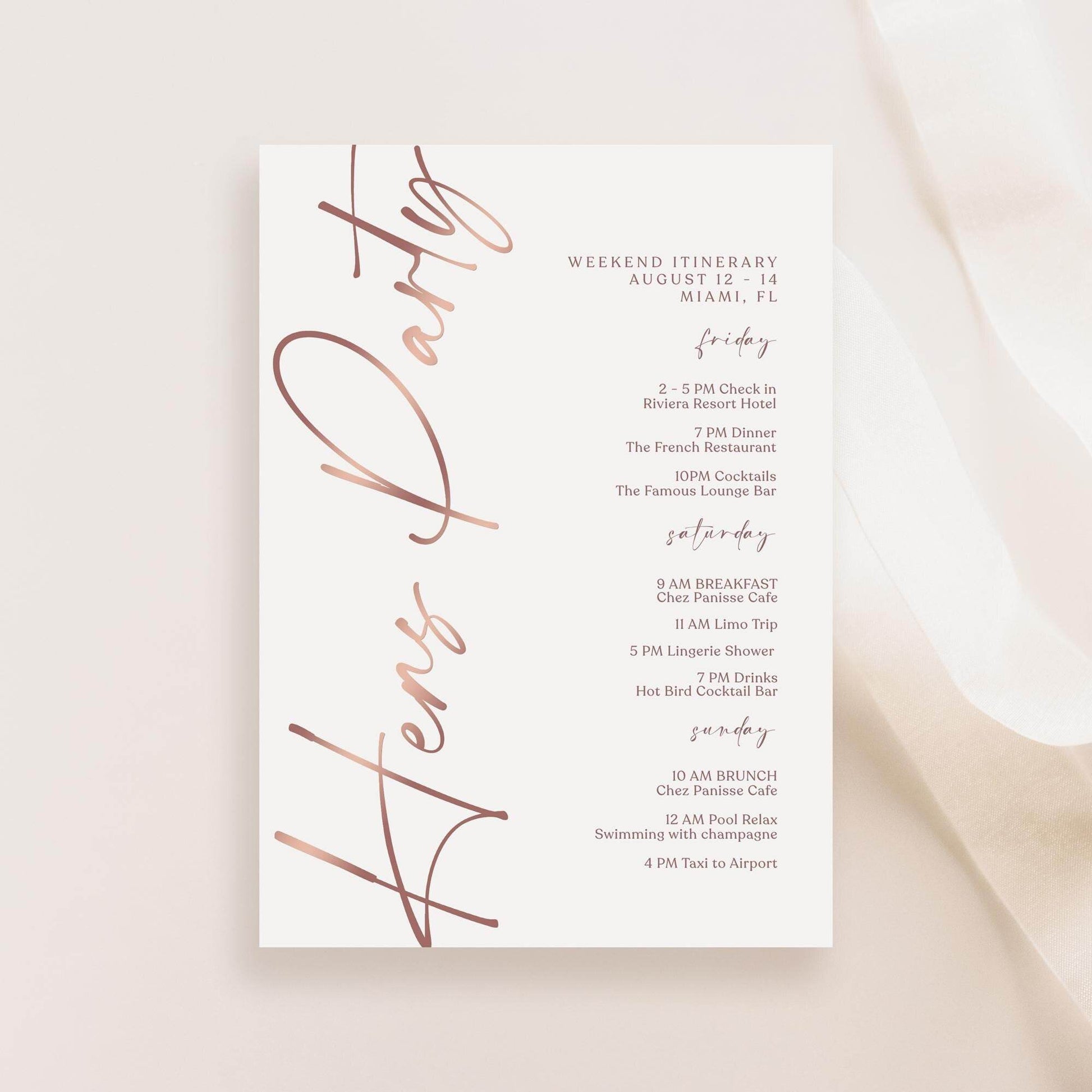 Editable Rose Gold Hens Party Weekend Itinerary Template – Printable Bachelorette Weekend Details Card | Digital Itinerary | Instant Download