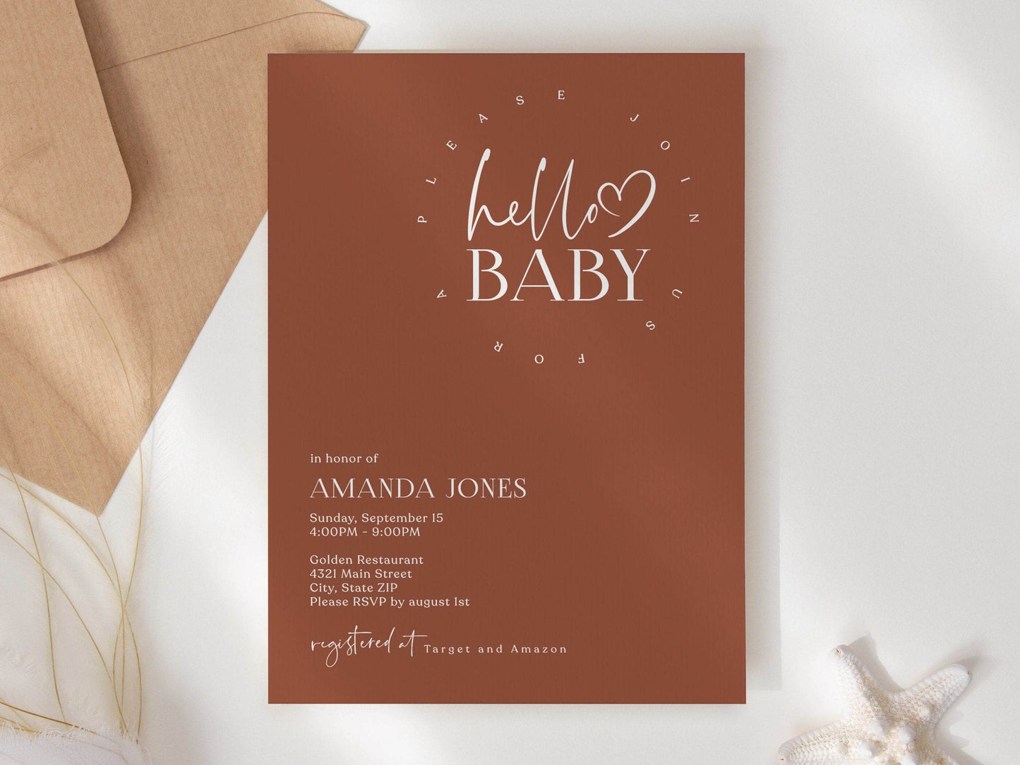 Minimalist Baby Shower Invitation Template – Editable Gender Neutral Hello Baby Invite | Simple Printable Baby Shower Card | Instant Download