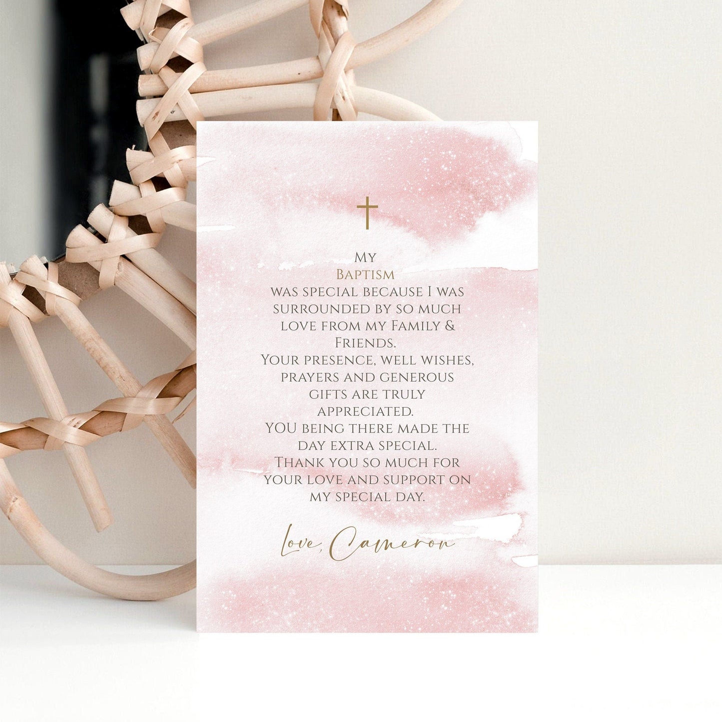Printable Girl Baptism Thank You Card Template | Pink Watercolor Design | 4x6 inch Editable Digital Download