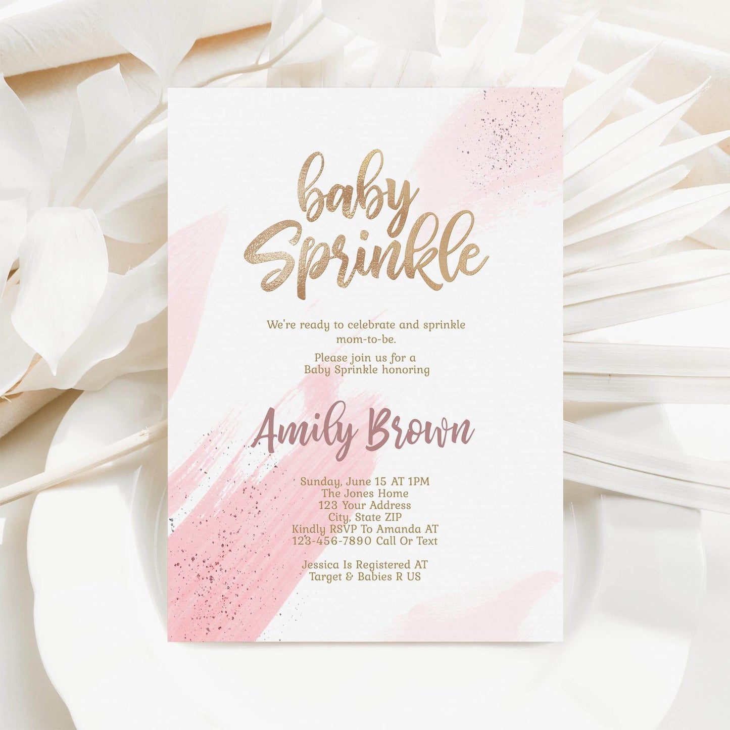 Girl Baby Sprinkle Invitation Template Printable, Gold Pink Baby Sprinkle Invite, Editable Girl Baby Shower Card, Email Text Message