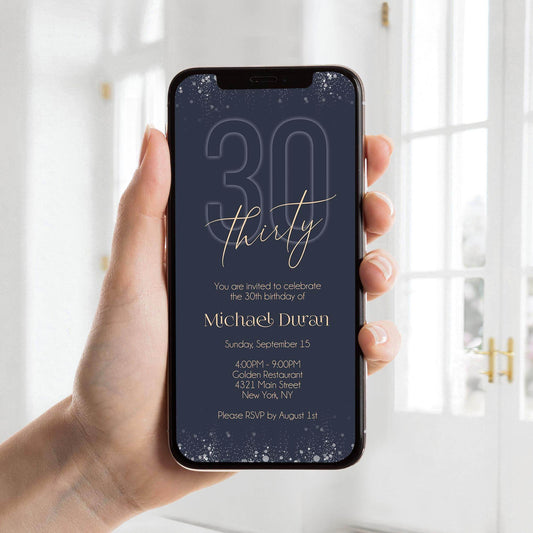 Electronic Navy Gold 30th Birthday Invitation Template – Editable Digital Evite for Men | Phone & Email Text Message Invite | Instant Download