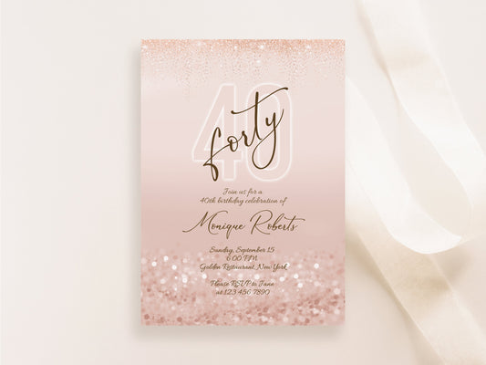 Printable 40th Forty Birthday Invitation Template, Editable Forty and Fabulous Birthday Invite, Ladies Surprise Dinner Evite, Birthday Card