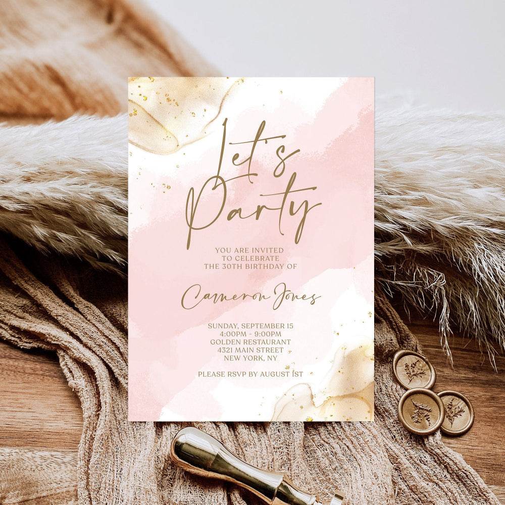Blush Pink Gold Invitation Template, Editable Let’s Party Digital Invite for Birthday, Baby Shower, or Bridal Shower, Instant Download