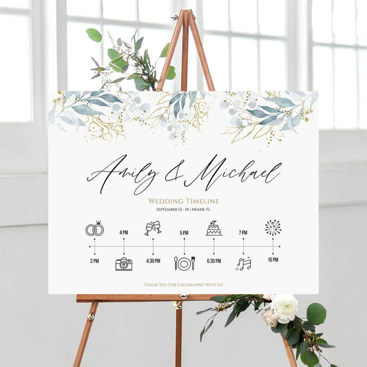 Greenery Wedding Welcome Sign & Timeline Template – Editable Order of Events