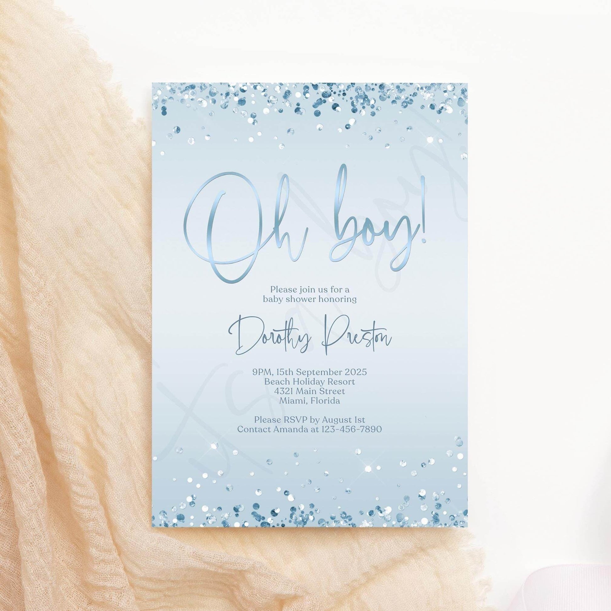 Oh Boy Baby Shower Invitation Template | Editable Blue & Silver Confetti Invite | Boy Baby Shower Digital Evite | Printable Instant Download