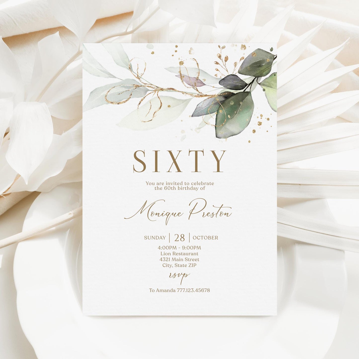 Editable Sixty 60th birthday Invitation Card Template, Printable Greenery Gold Leaves Birthday Invite, Digital Template, Email Text Message