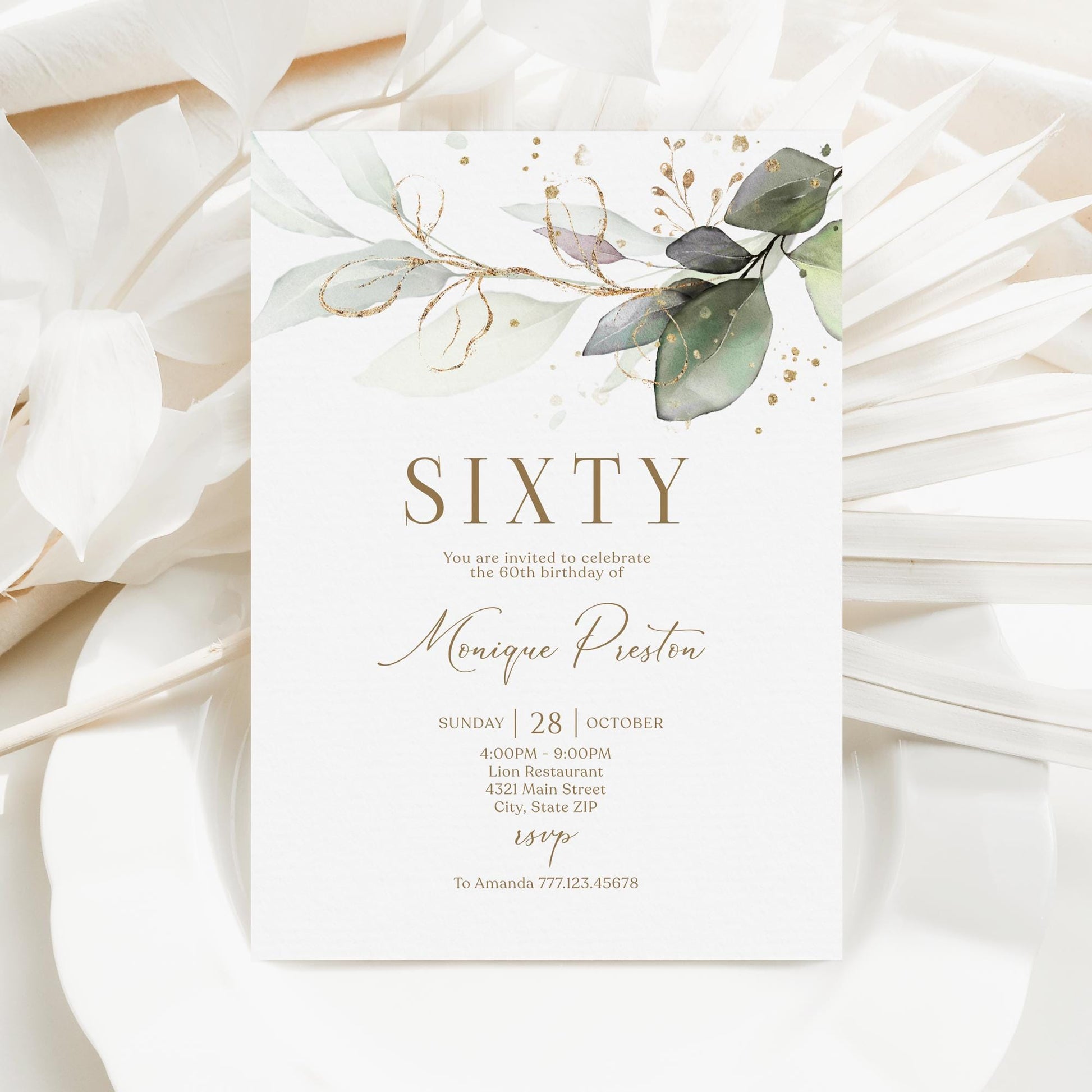 Editable Sixty 60th birthday Invitation Card Template, Printable Greenery Gold Leaves Birthday Invite, Digital Template, Email Text Message