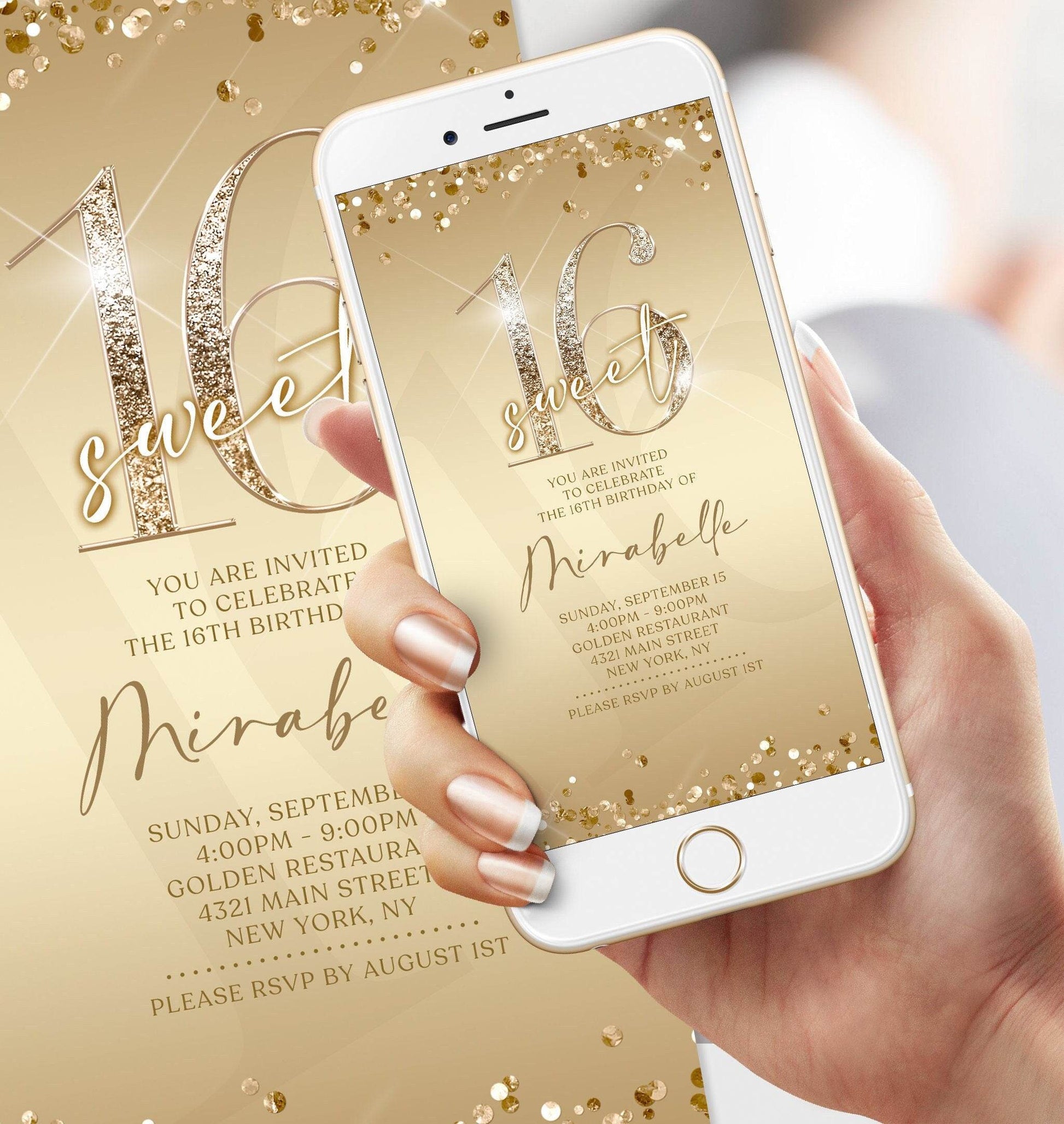 Electronic Sweet Sixteen Invitation Template, Gold 16th Birthday Evite, Editable Text Message Invite, Digital Mobile Phone Invitation