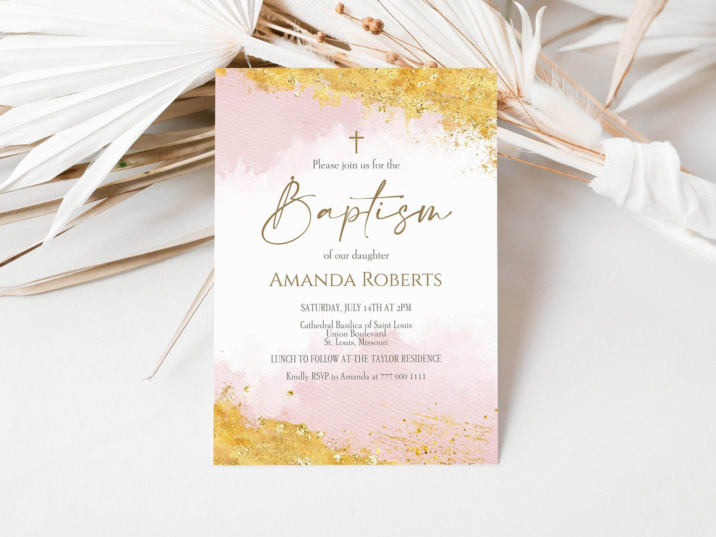 Girl Pink and Gold Watercolor Baptism Invitation Template, Editable Printable Girl Christening Invite, Email or Text Message Evite, Instant Download