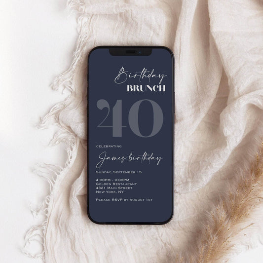 Navy Silver 40th Birthday Brunch Invitation, Editable Digital Evite Template, Paperless Forty Birthday Party Invite, Instant Download