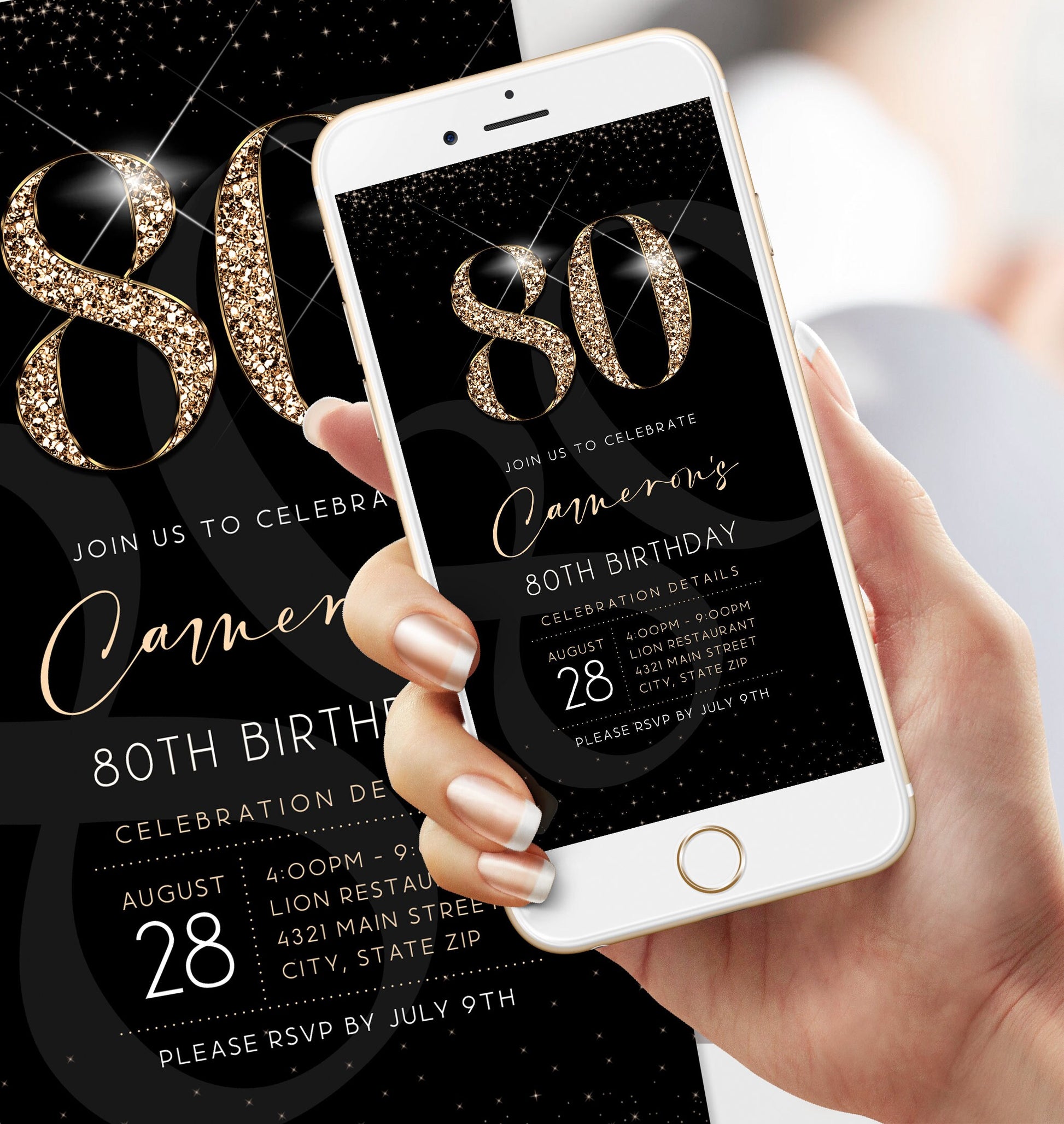 Luxury Digital 80th Eighty Birthday Evite Invitation Template, Electronic Black Gold Modern Invite, Email Text Message Evite, Phone Invite