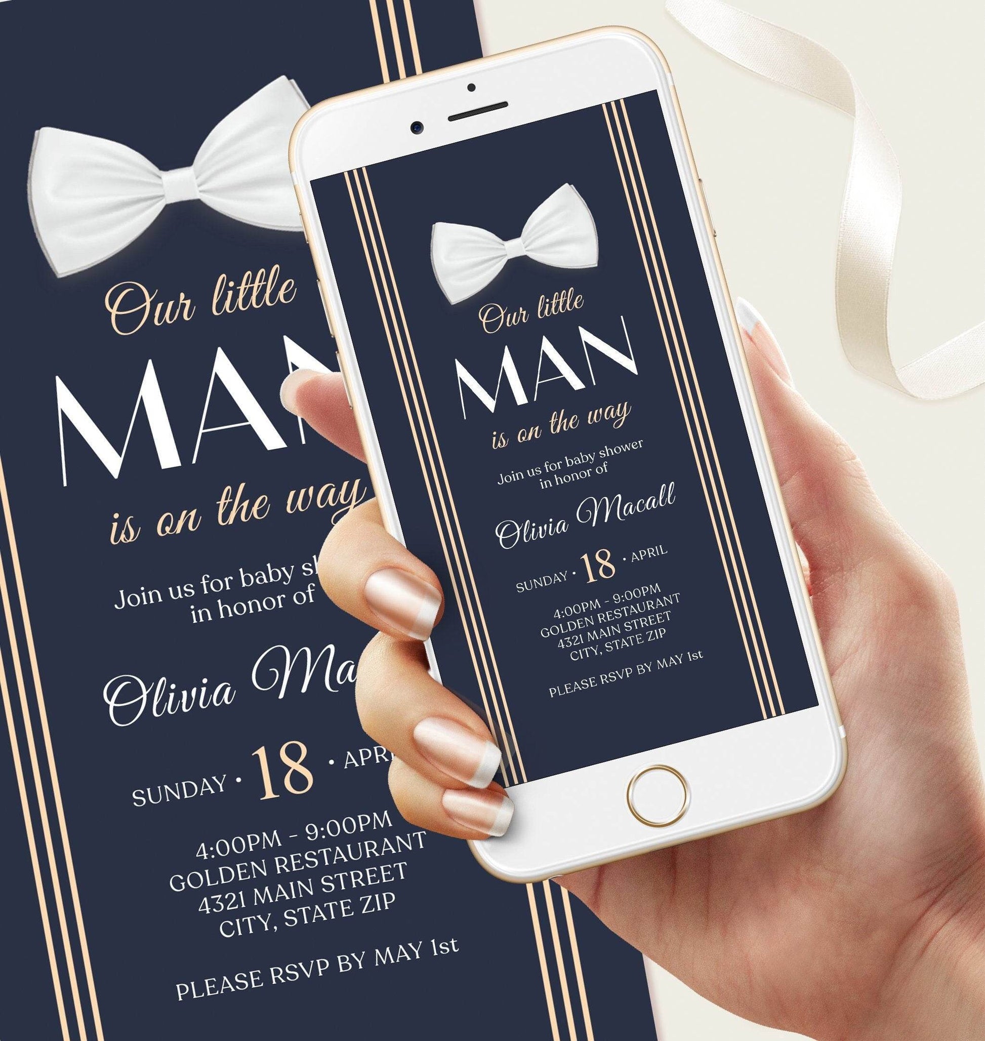 Navy Baby Shower Invitation Template, Little Gentleman Blue Gold Evite, Bow Tie Digital Invite, Text Message Phone Baby Shower Download