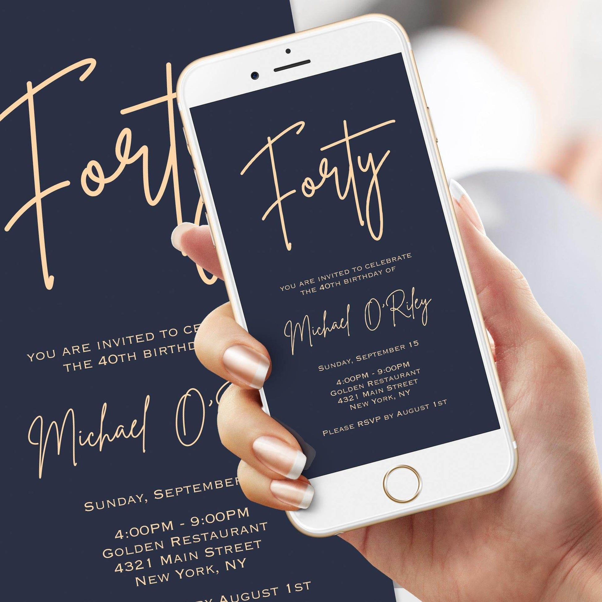Navy Gold 40th Birthday Electronic Invitation – Editable Digital Evite Template – Text Message or Email Invite – Mens 40th Birthday Party Invite