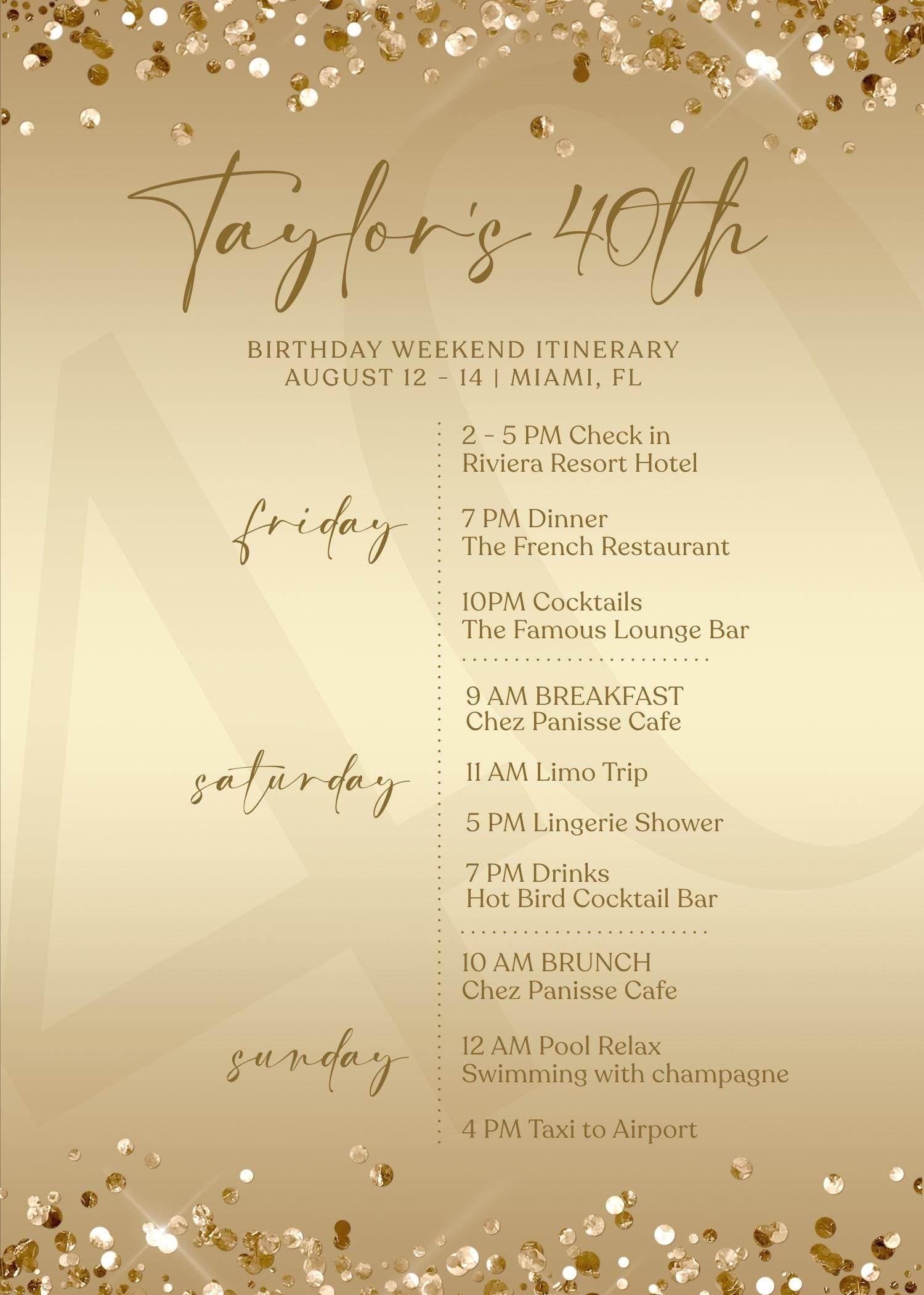 Editable Gold 40th Forty Birthday Itinerary Template, Printable Luxury Weekend Itinerary, Any Age Birthday Itinerary, Email Text Message