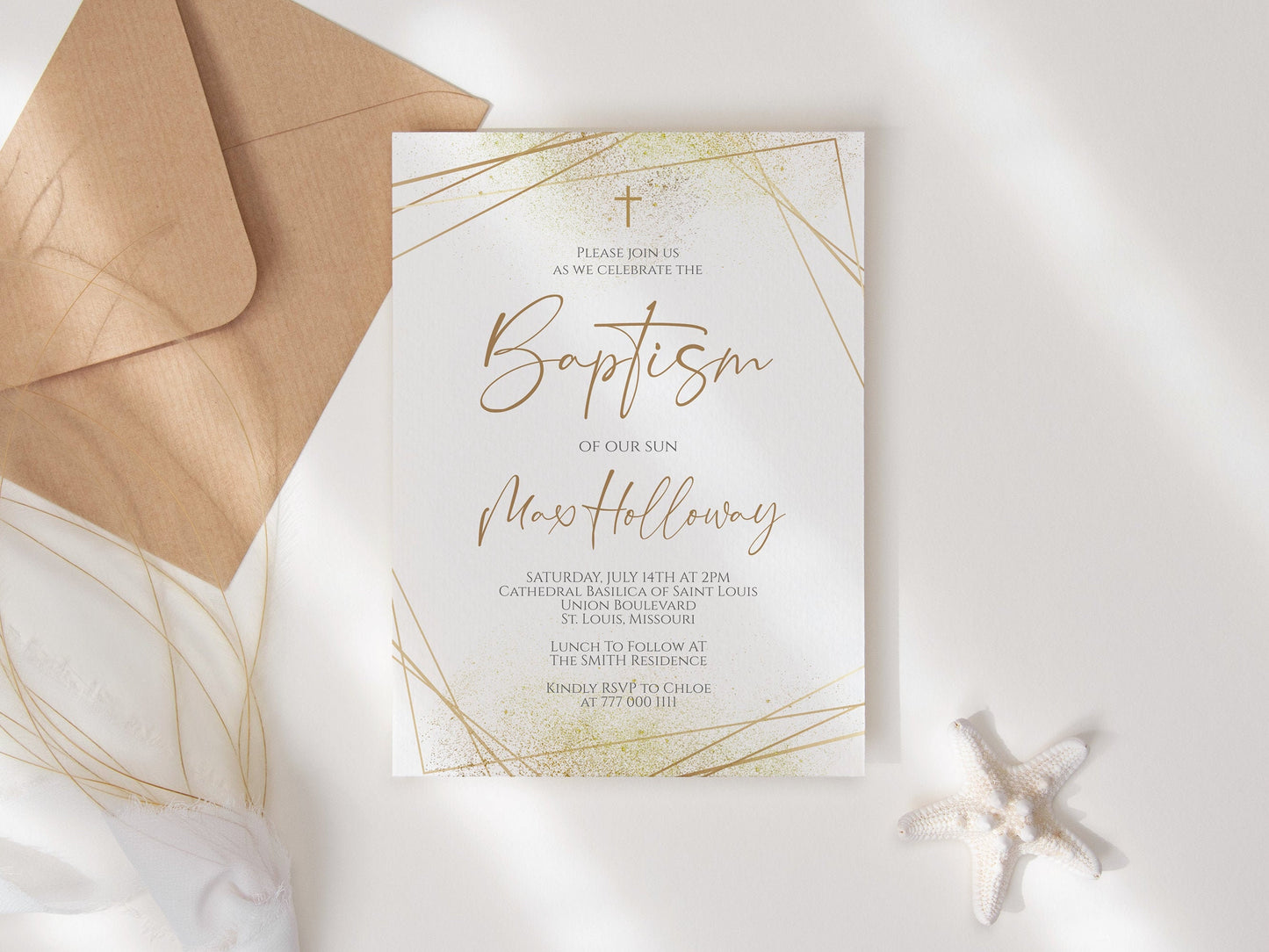 Elegant Gold Geometric Baptism Invitation, Gold Baptism Template, Printable Baptism Invite, Editable Christening Template, Instant Download