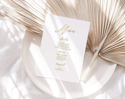 Printable White Gold Foil Menu Template, Editable Luxury Wedding & Birthday Menu, Simple Elegant Gold Menu, Instant Download DIY